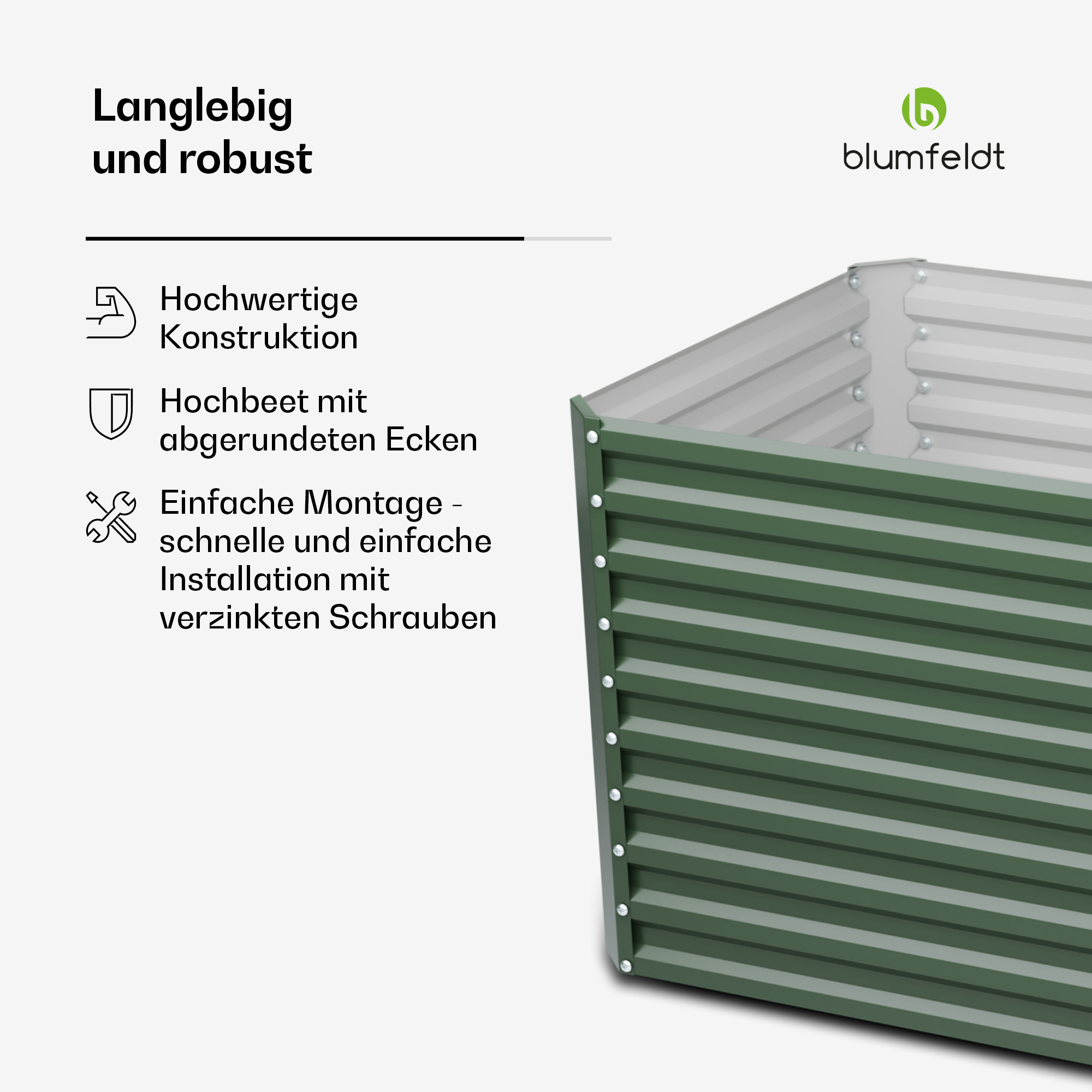 Ein grünes Hochbeet aus Metall. Text auf Deutsch beschreibt Konstruktion und Eigenschaften.