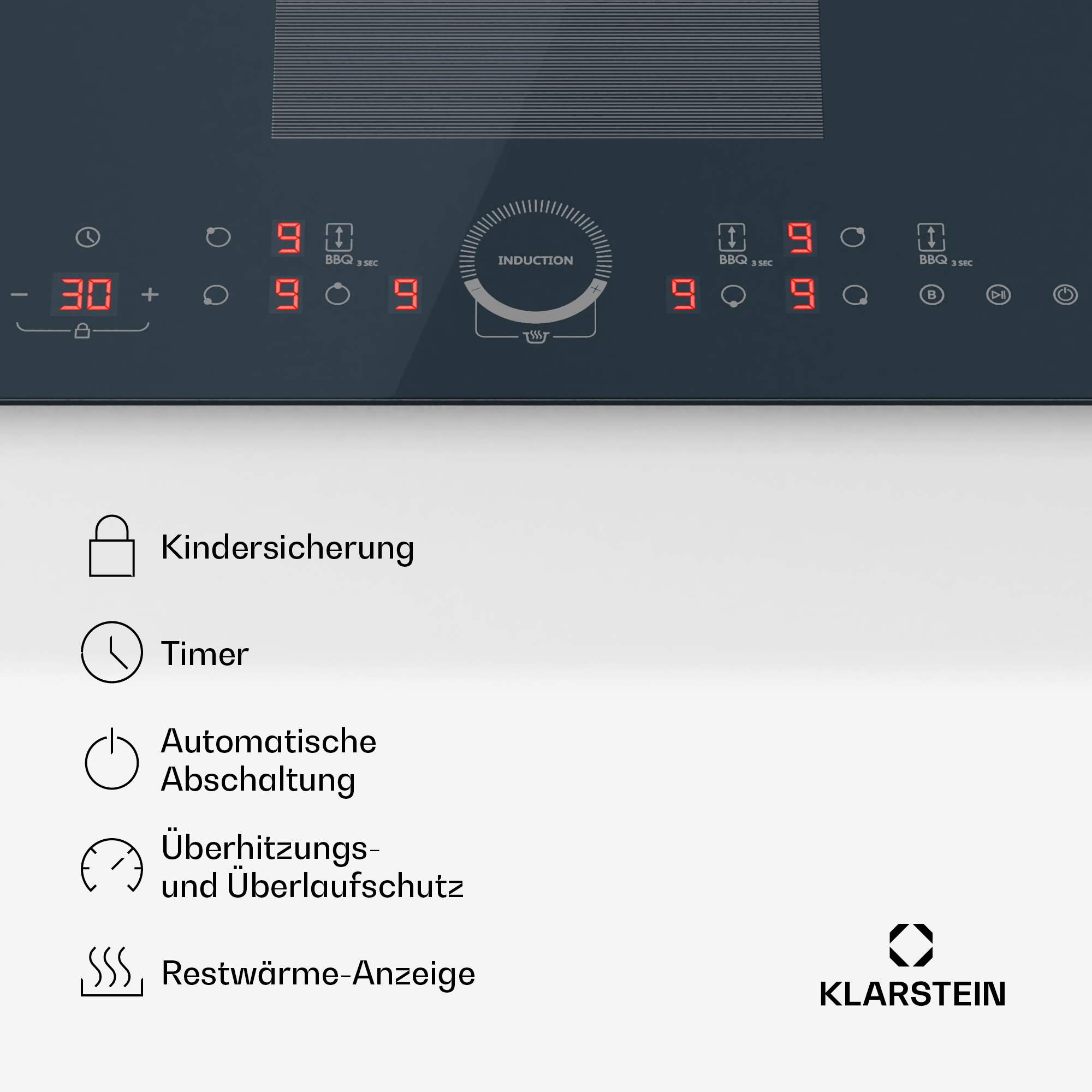 Induktionskochfeld-Bedienfeld. Zahlen und Symbole sind sichtbar.