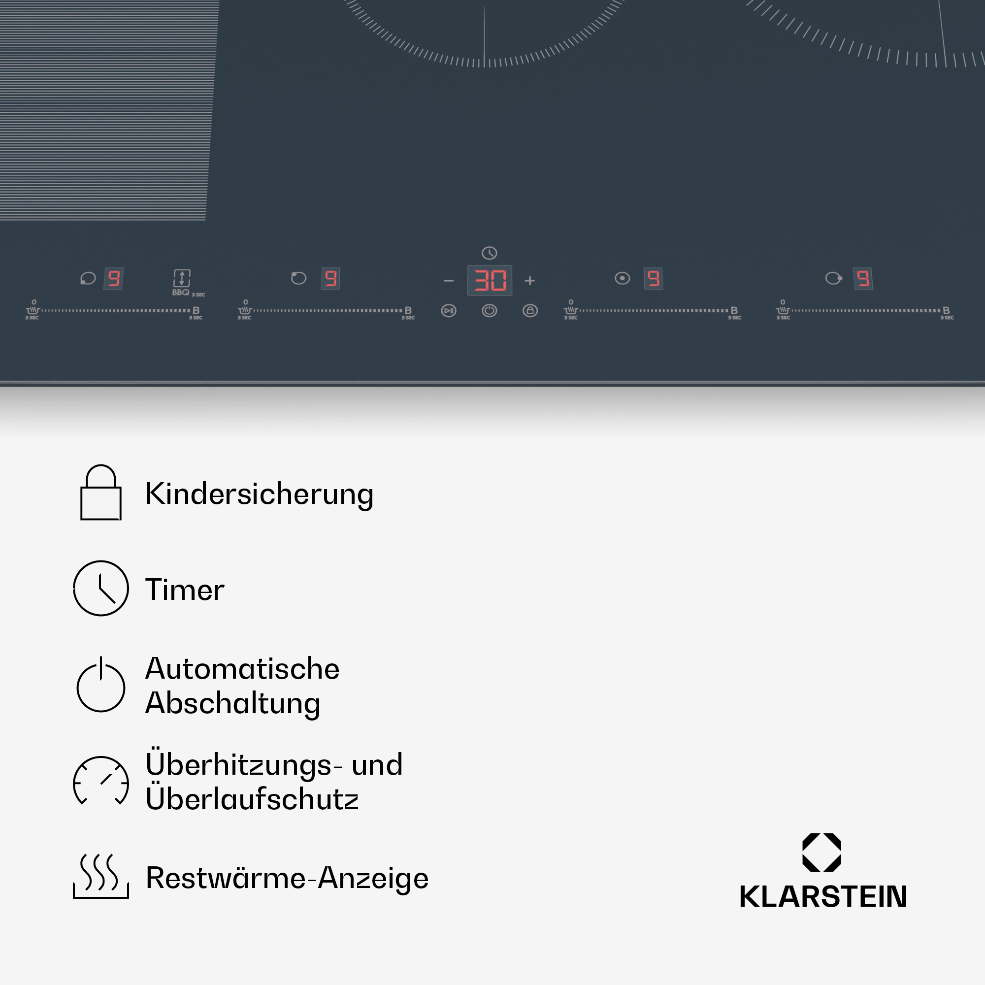 Ein Induktionsherd mit Digitalanzeige und Symbolen für Sicherheitsmerkmale und Bedienelemente.