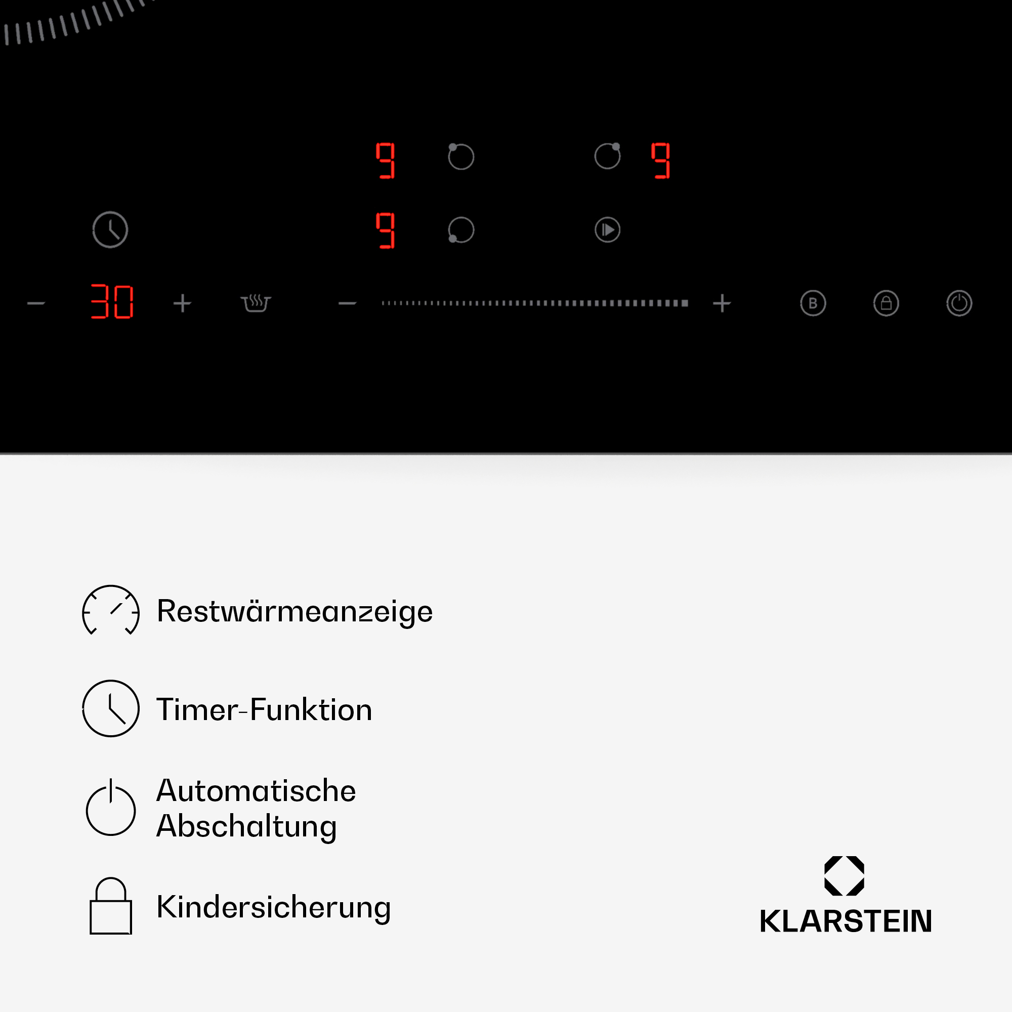Schwarzes Kochfeld mit Bedienfeld, einschließlich Timer, Sicherheitsverriegelung und Restwärme.