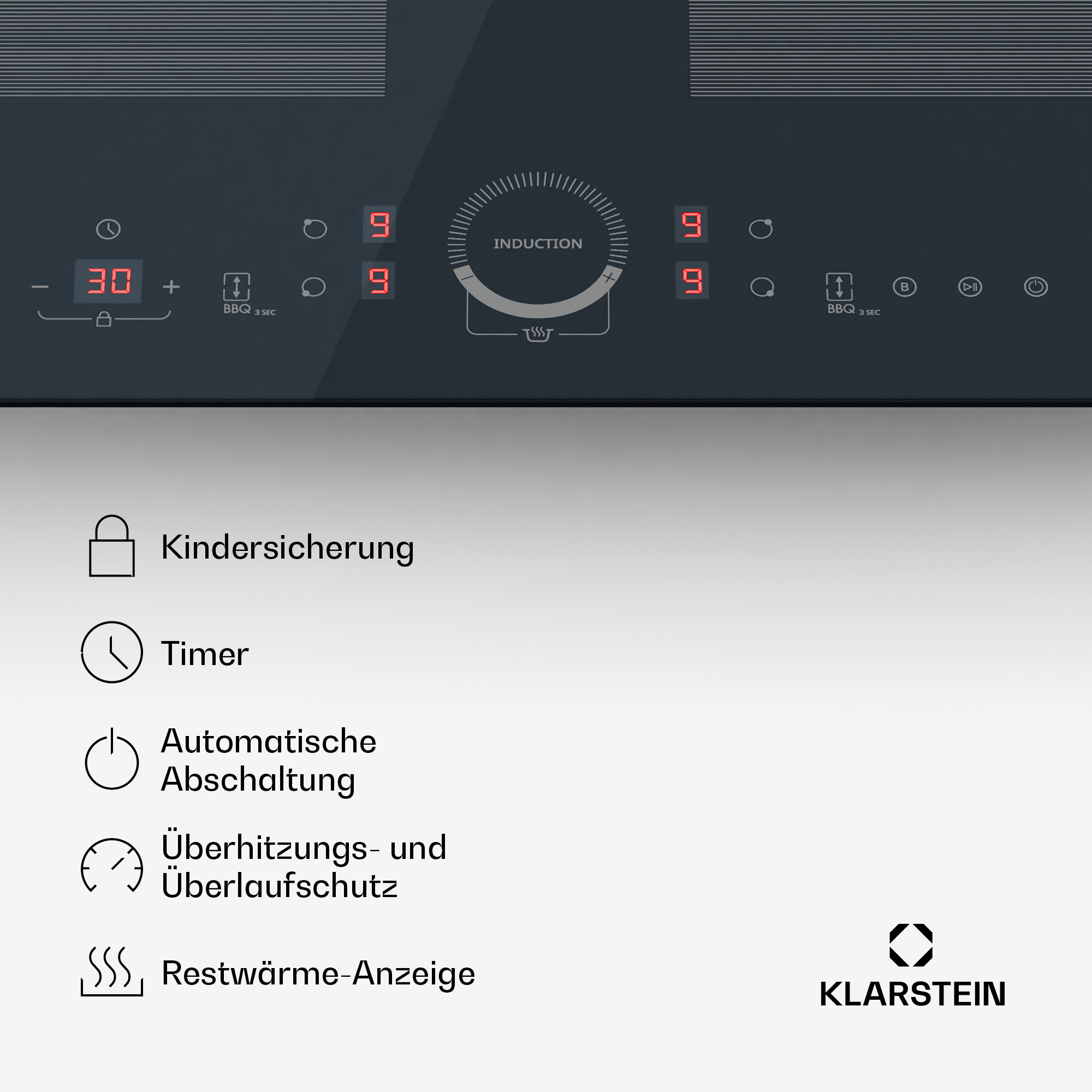 Ein schwarzes Induktionskochfeld mit Bedienfeld und Digitalanzeigen. Marke Klarstein.