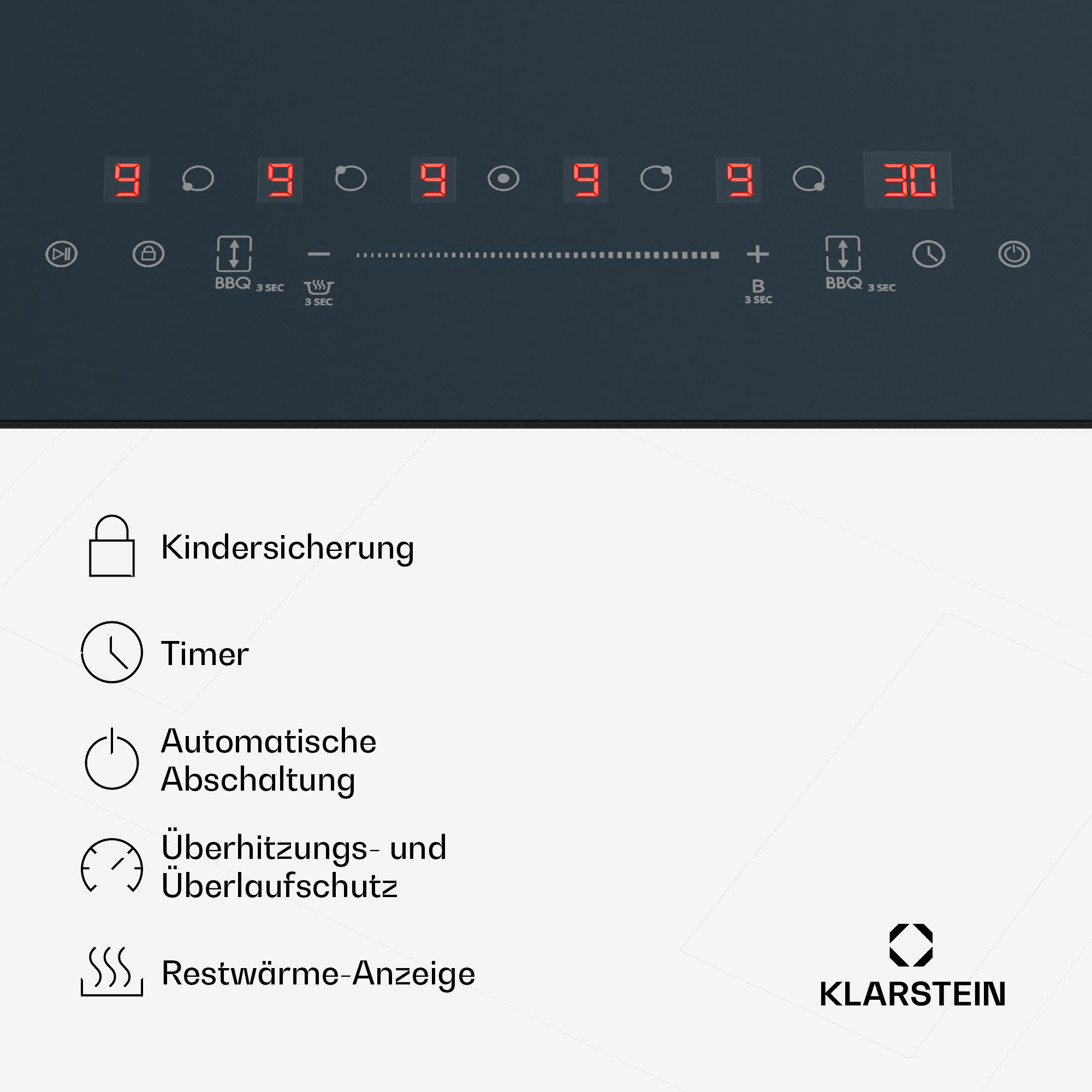 Ein schwarzes Glaskeramikkochfeld mit digitaler Anzeige und Symbolen. Das Bild zeigt Sicherheits- und Timerfunktionen.