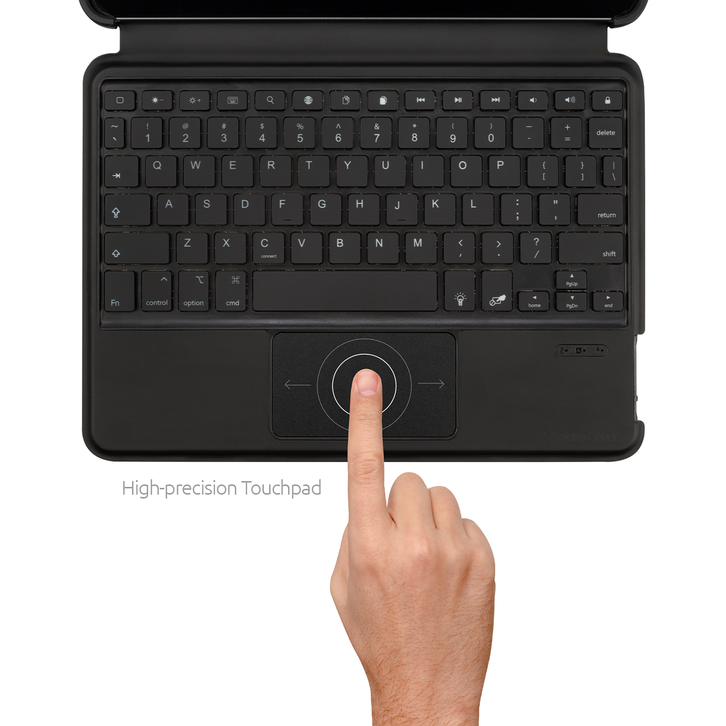 Eine schwarze Tastatur mit Touchpad. Ein Finger berührt das Touchpad.
