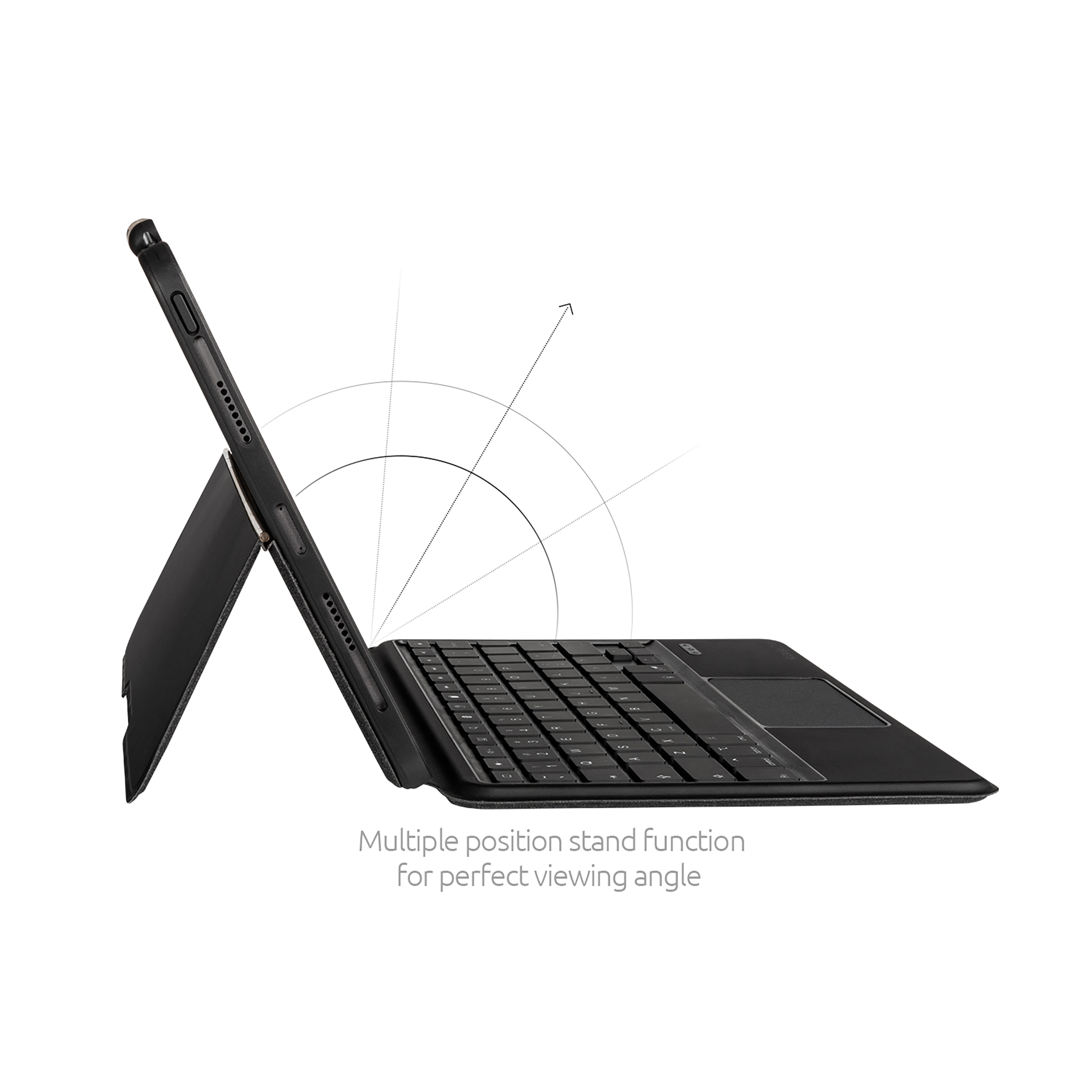 Schwarzes Tablet mit Tastatur, nach oben geneigt. Weißer Hintergrund. Standfunktion sichtbar.