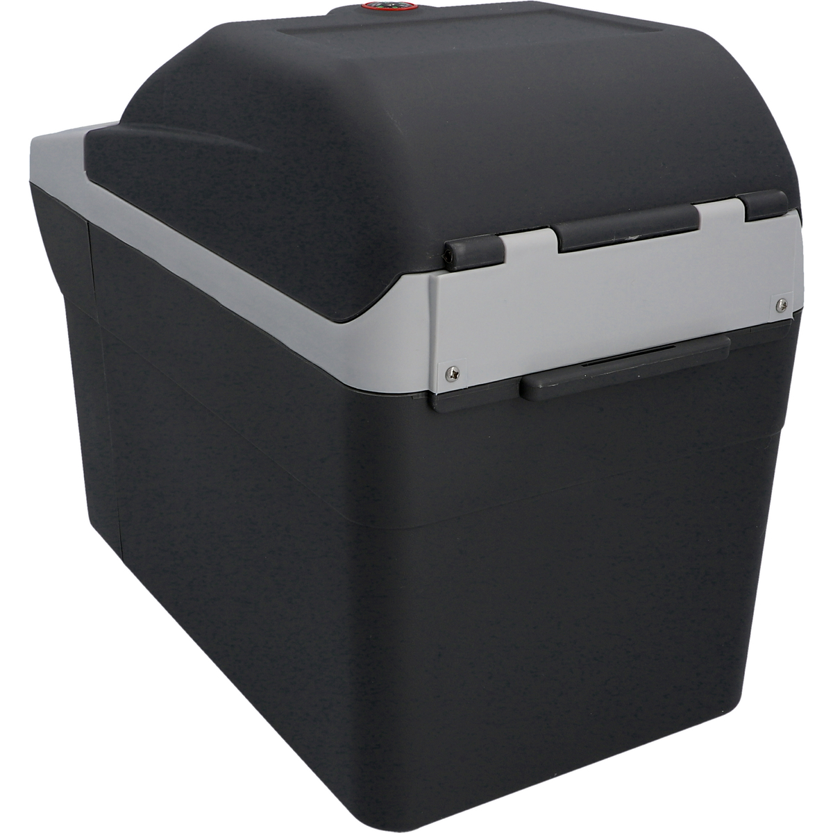 Eine schwarze Kühlbox. Sie hat einen grauen Streifen und einen Griff oben.