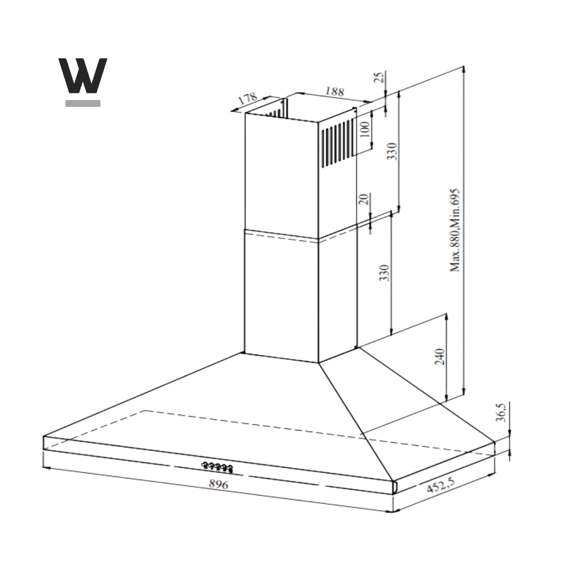 Technische tekening van een afzuigkap, met afmetingen in millimeters.