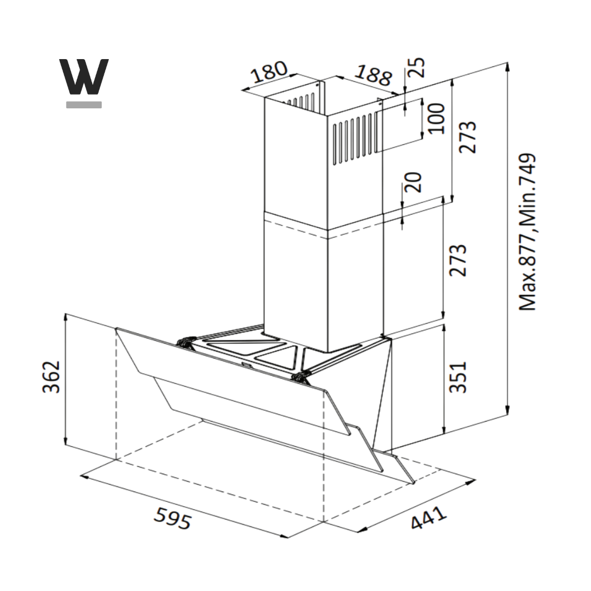 Dessin technique d'une hotte de cuisine, avec dimensions en millimètres.