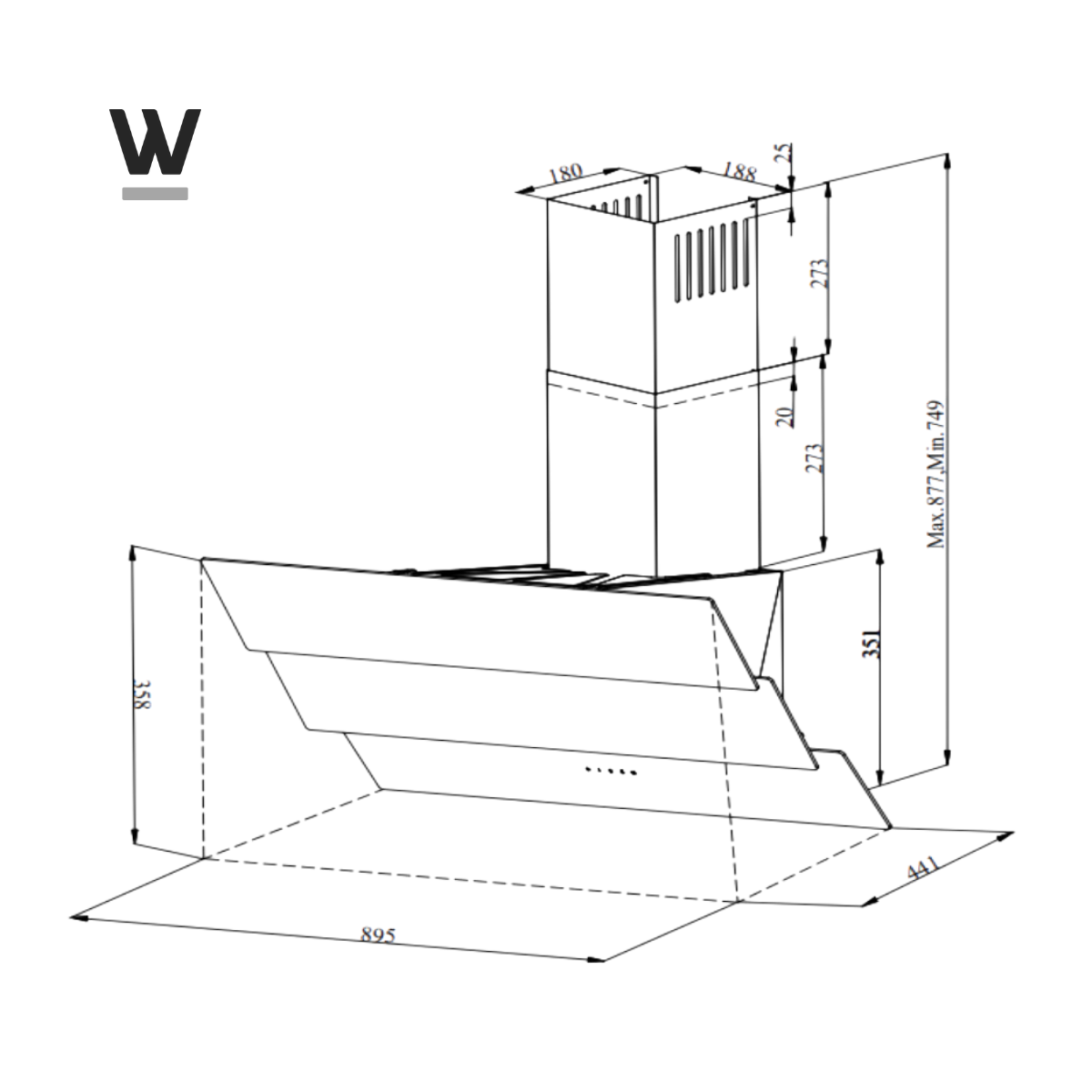 Dessin technique d'une hotte de cuisine, montrant les dimensions et divers angles.