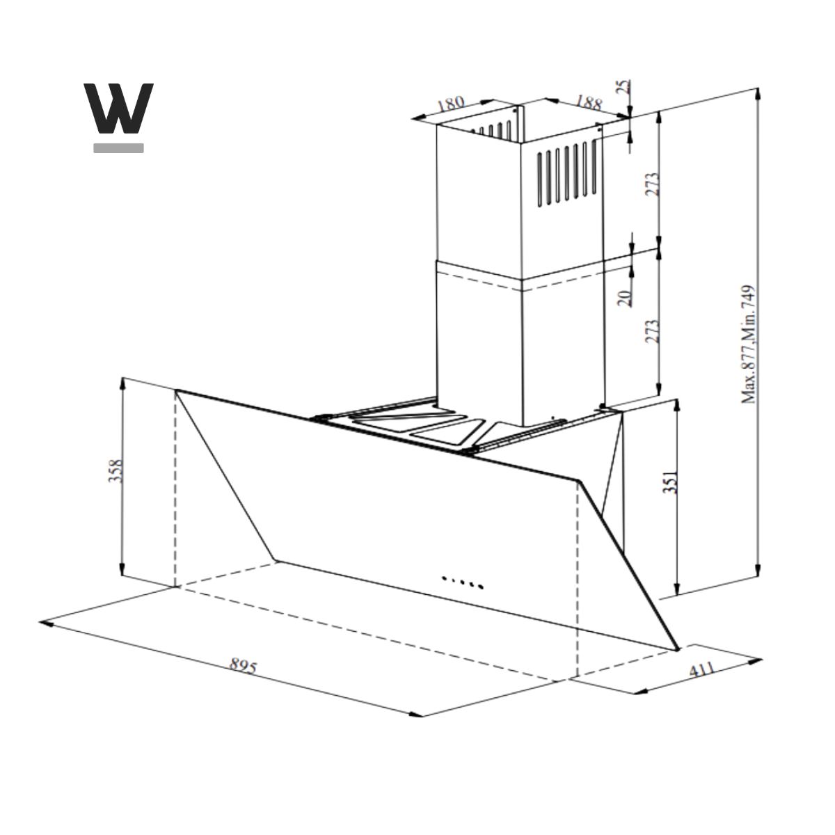 Technische tekening van een afzuigkap, met afmetingen en verschillende hoeken.