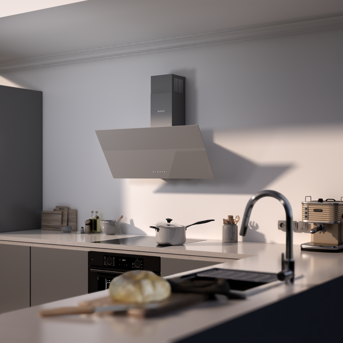 Scène de cuisine. Hotte au-dessus de la cuisinière, casserole sur la plaque, pain et cafetière.
