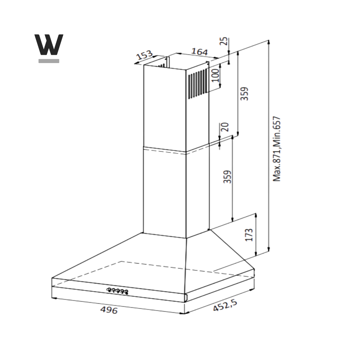 Diagramme d'une hotte avec dimensions. Lignes noires, fond blanc.