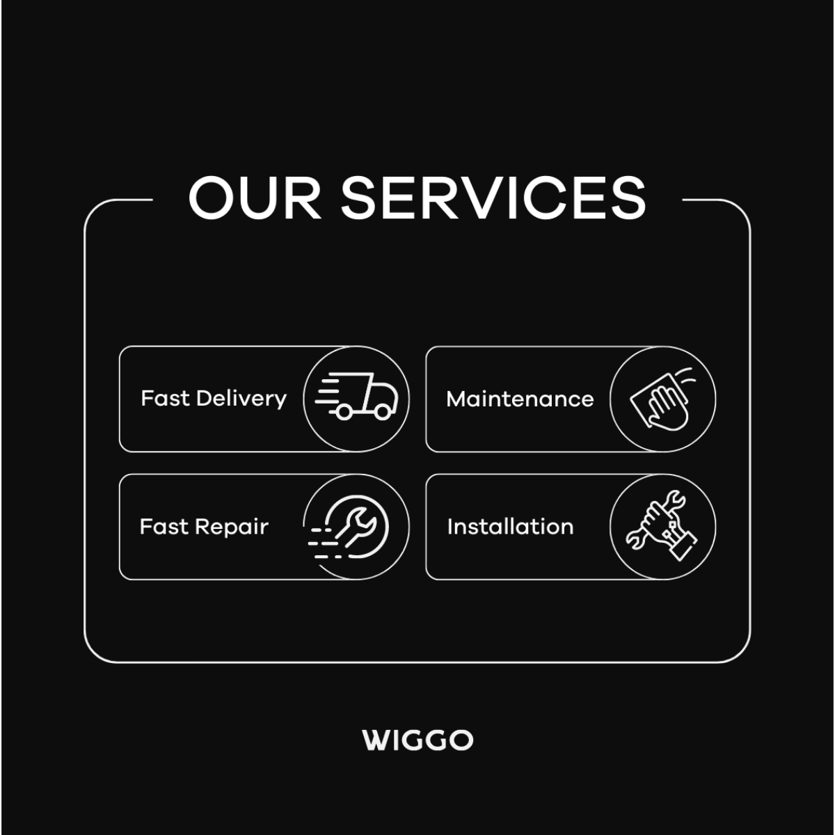 Graphique avec quatre icônes : Livraison rapide, Maintenance, Réparation rapide et Installation. Logo WIGGO en dessous.