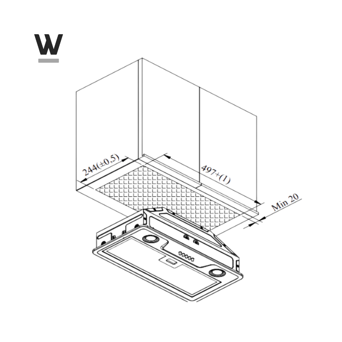 Un dessin technique d'une hotte de cuisine. Il montre les dimensions et la conception de la hotte vue de dessus.