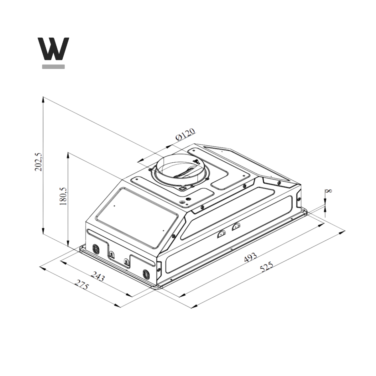 Technische tekening van een afzuigkap, met afmetingen en verschillende hoeken.