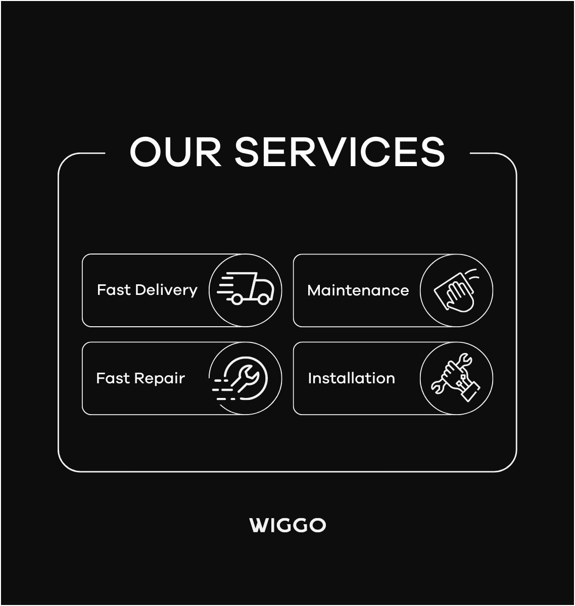 Zwarte afbeelding met "Onze diensten" en pictogrammen voor snelle levering, onderhoud, snelle reparatie en installatie. De merknaam "WIGGO" staat onderaan.