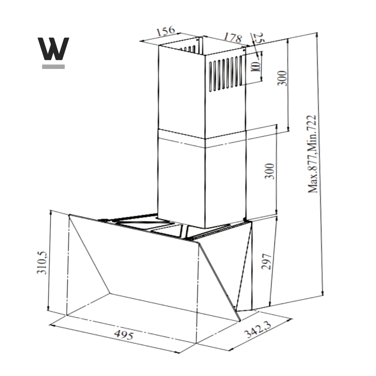 Schéma d'une hotte de cuisine avec les dimensions indiquées.