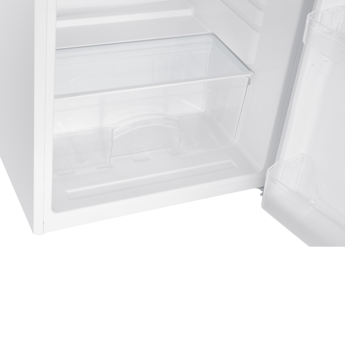 An open white refrigerator with a clear plastic drawer at the bottom.