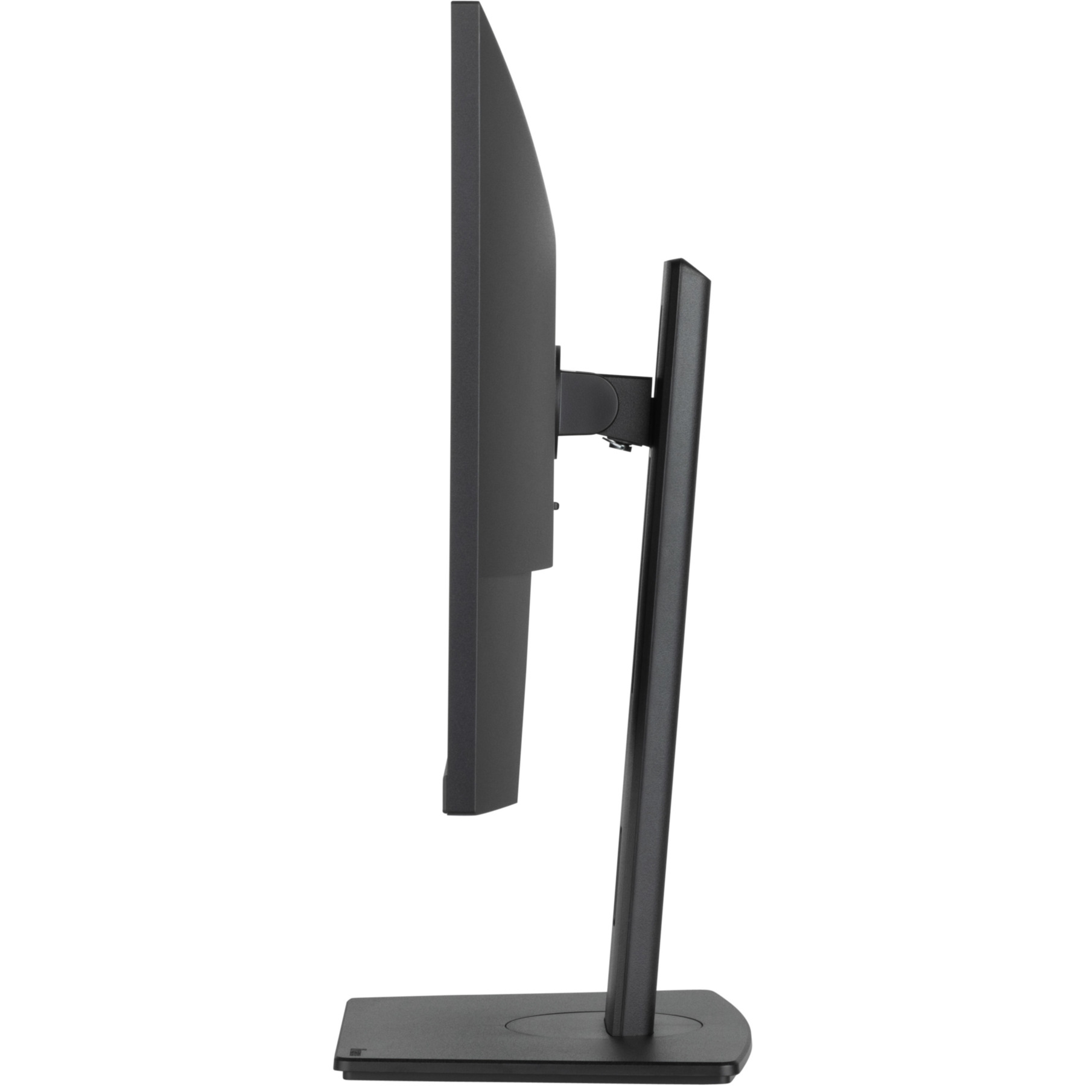 Czarny monitor komputera pokazany z boku na białym tle, na stojaku.