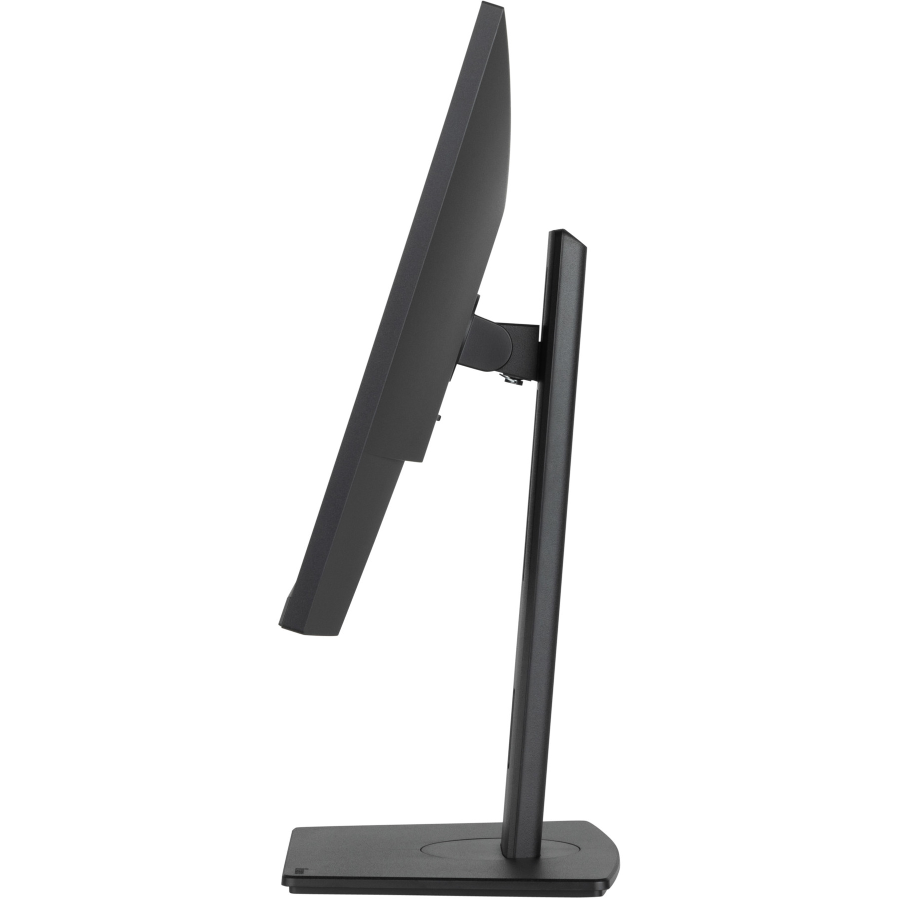 Czarny monitor na stojaku. Ekran jest czarny. Czarny stojak. Białe tło.