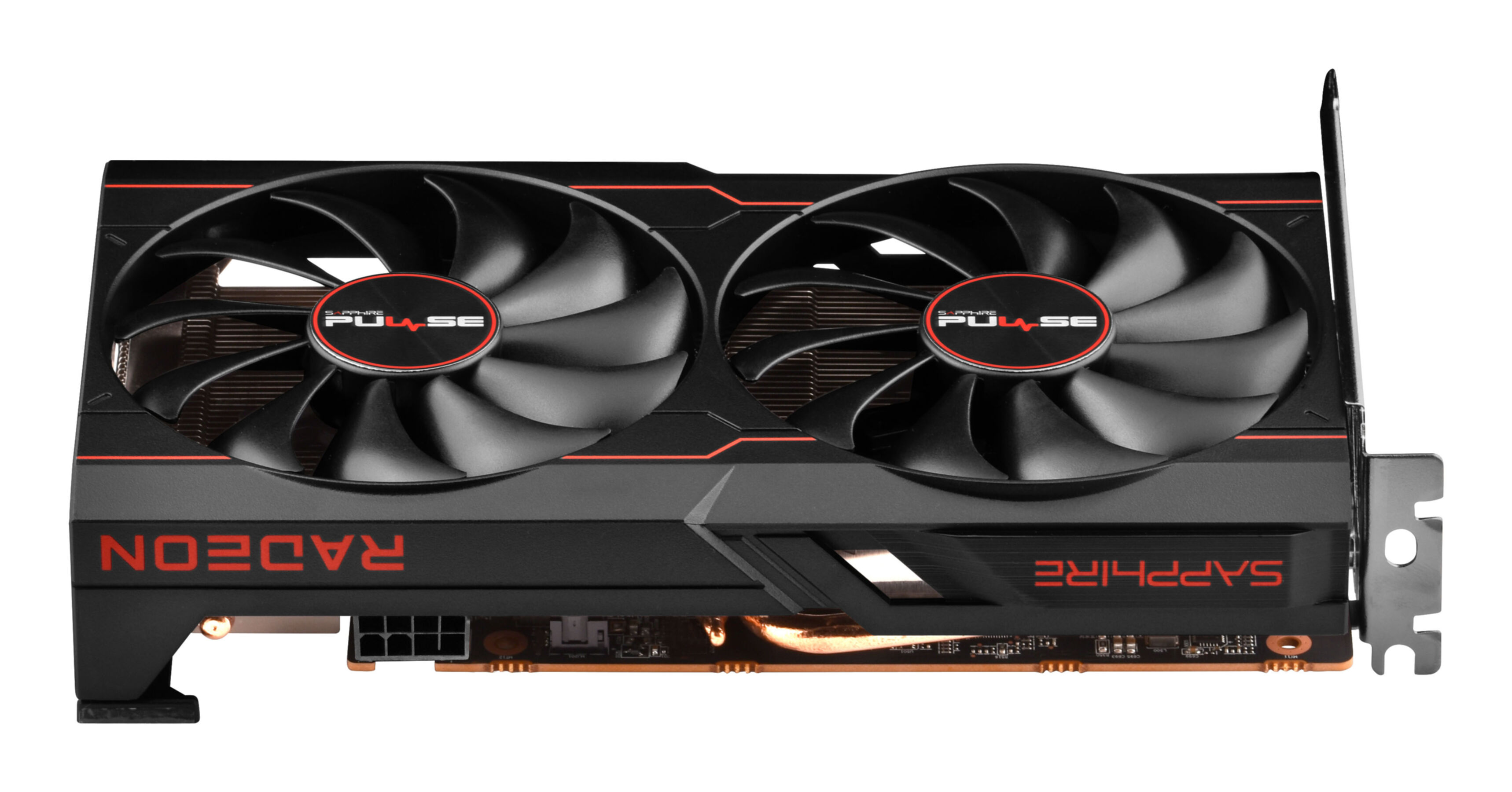 Tarjeta gráfica con dos ventiladores, detalles rojos y texto 'RADEON' y 'SAPPHIRE'.