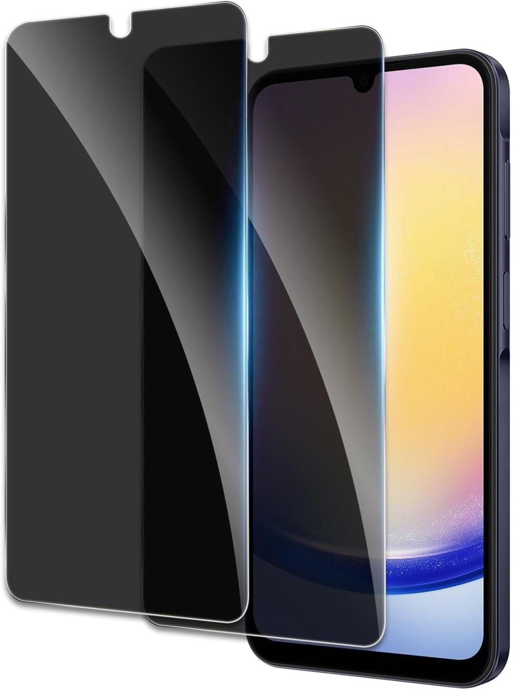 Zwei Displayschutzfolien auf einem Telefon, eine angebracht und eine abgelöst. Das Telefon ist marineblau.