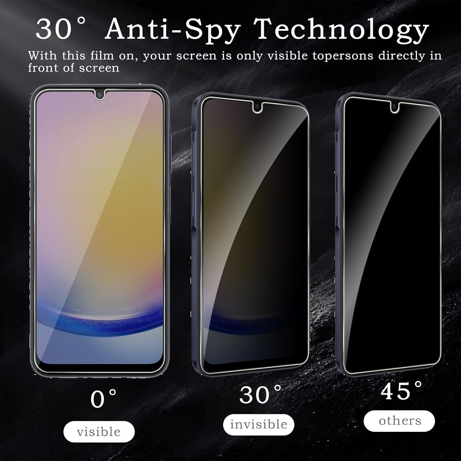 Drei Telefone mit Anti-Spionage-Bildschirmschutz, die verschiedene Sichtwinkel zeigen. Weißer Hintergrund.