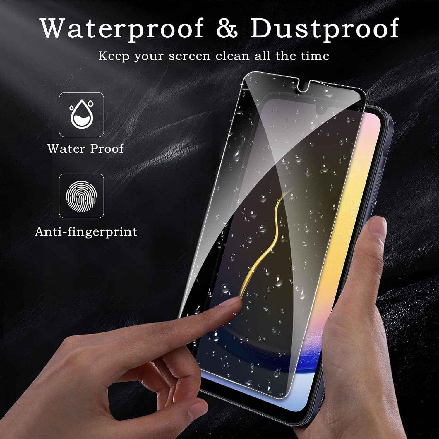 Hand, die ein Telefon mit angebrachtem Displayschutz hält, mit Grafiken und Text.