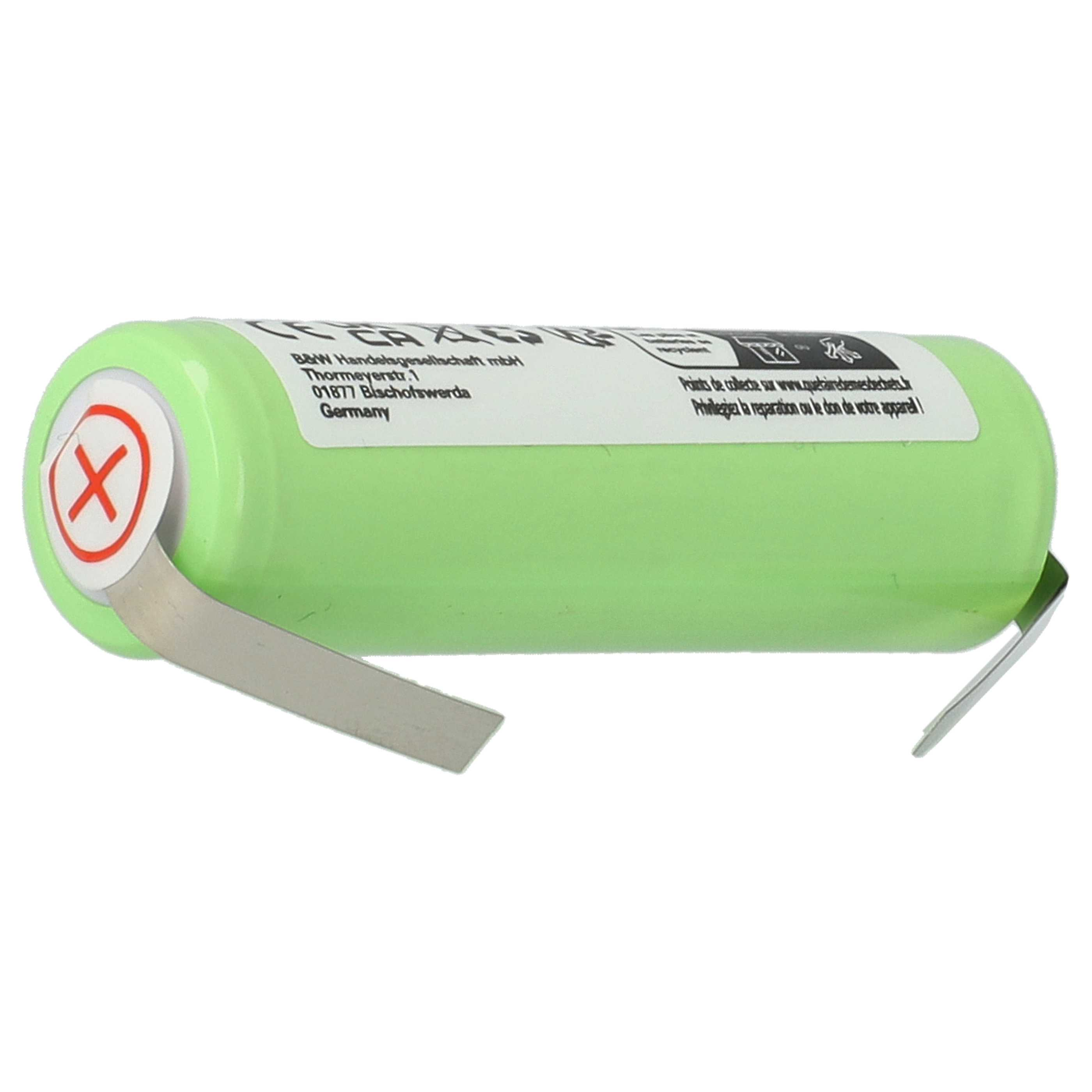 Grüne zylindrische Batterie mit Text und rotem X auf weißem Kreis. Weißer Hintergrund.