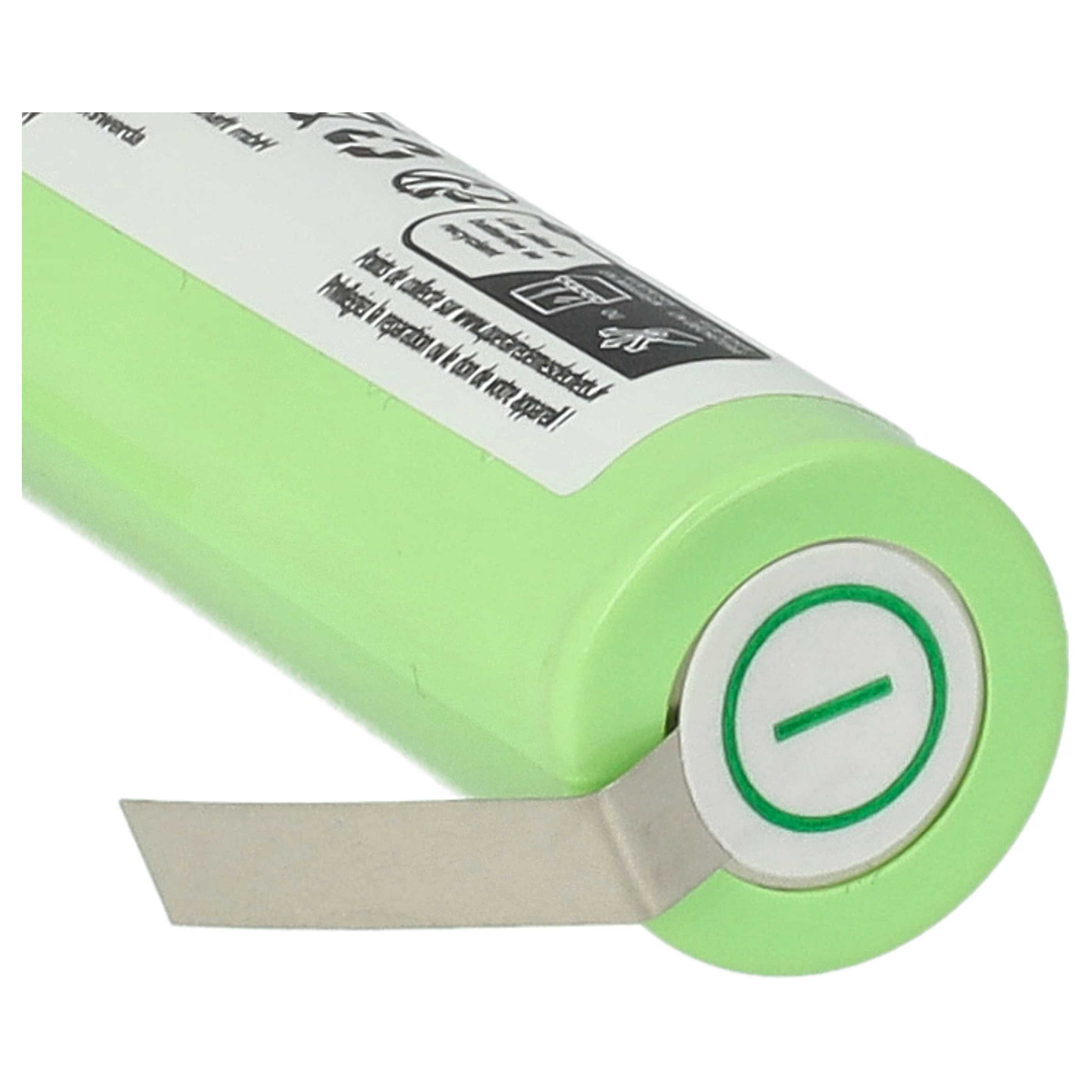 Grüne zylindrische Batterie mit Plus- und Minusmarkierungen. Zeigt eine silberne Lasche.