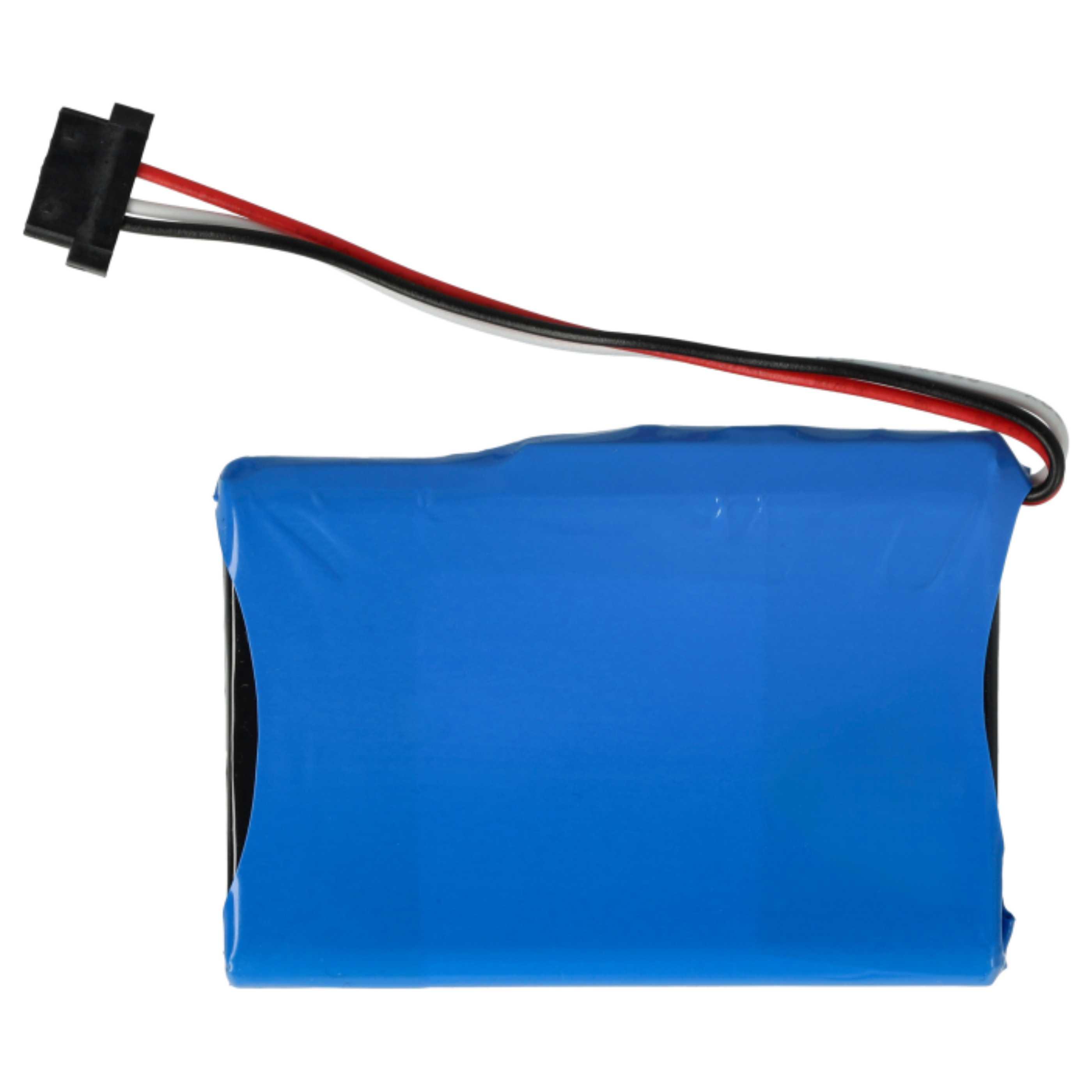 Blaue Batterie in Kunststoff verpackt mit schwarzen und roten Drähten.