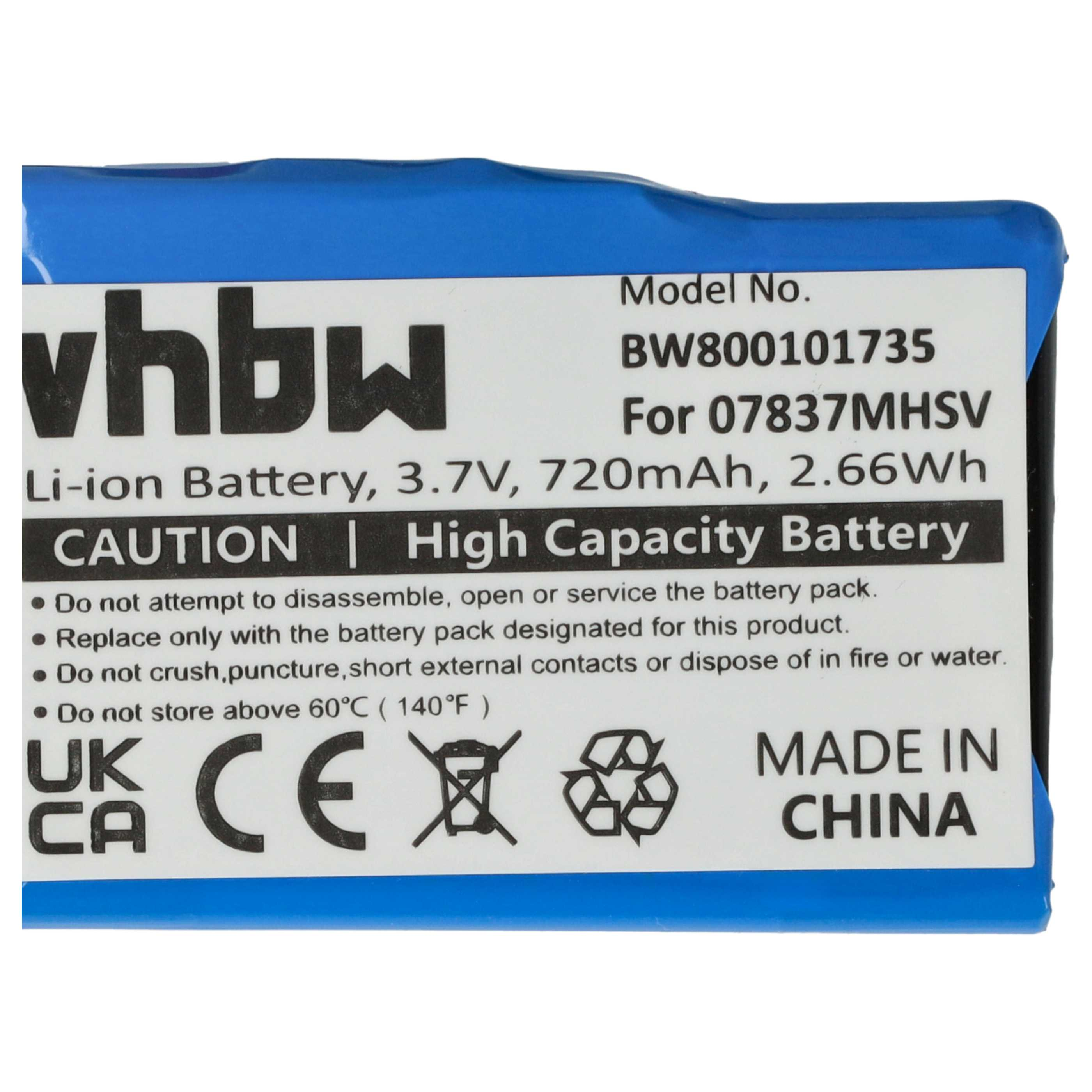 Blaue Batterie mit weißem Etikett, Text und Warnhinweisen. Modell BW800101735, Li-Ion, 3,7 V, 720 mAh, Made in China.