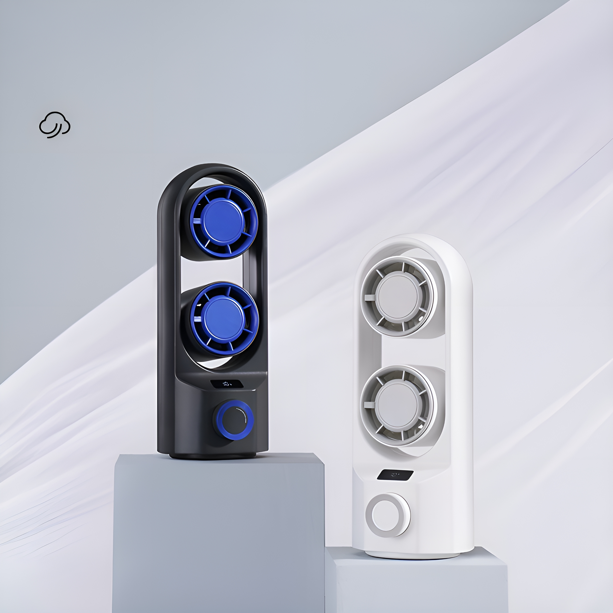 Zwei schwarz-weiße Turmventilatoren auf einer Plattform, mit blauen und grauen Lüfterblättern und einem Bedienknopf.