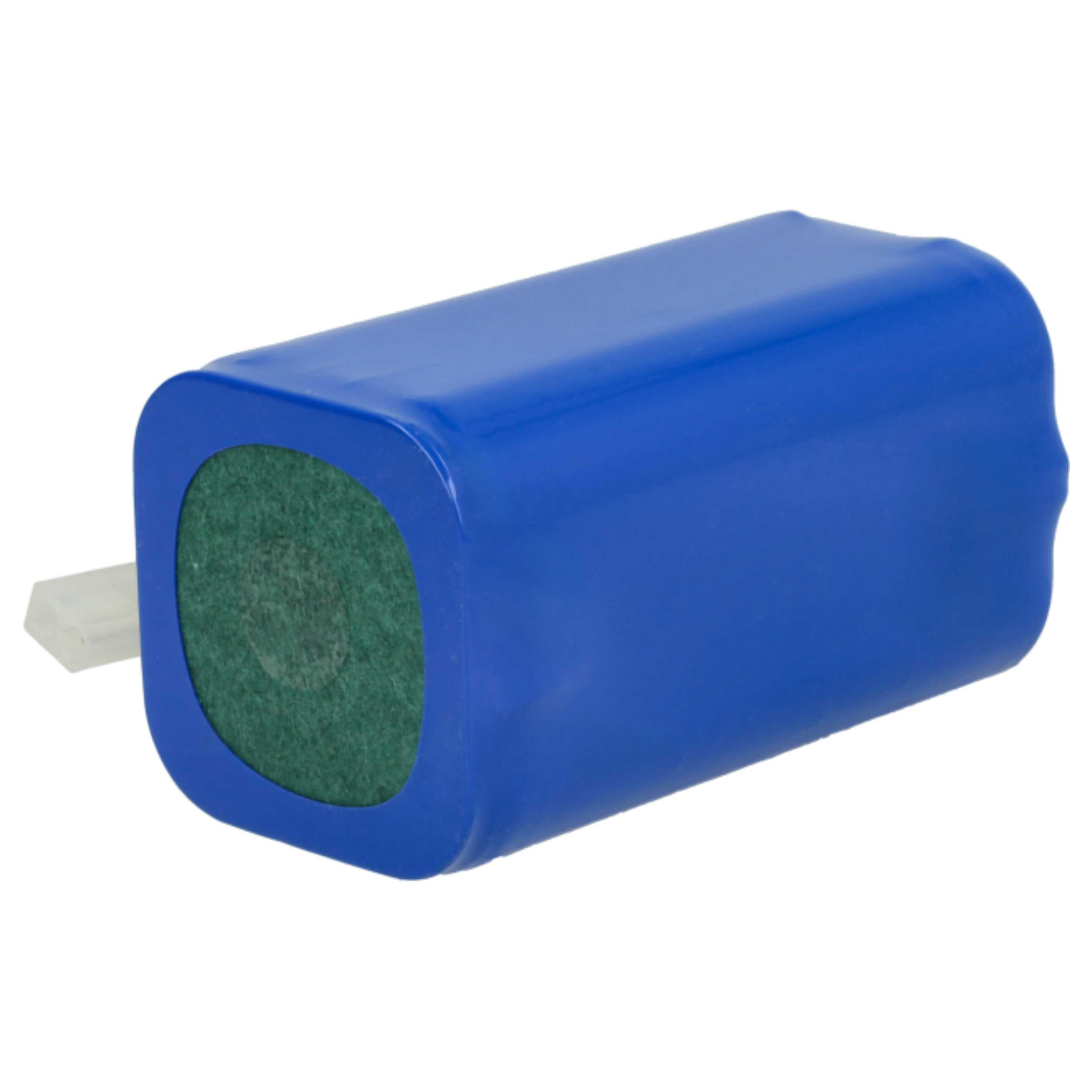 Ein blaues Akkupack mit einem grünen Innenteil. Die Enden haben einen weißen Stecker.