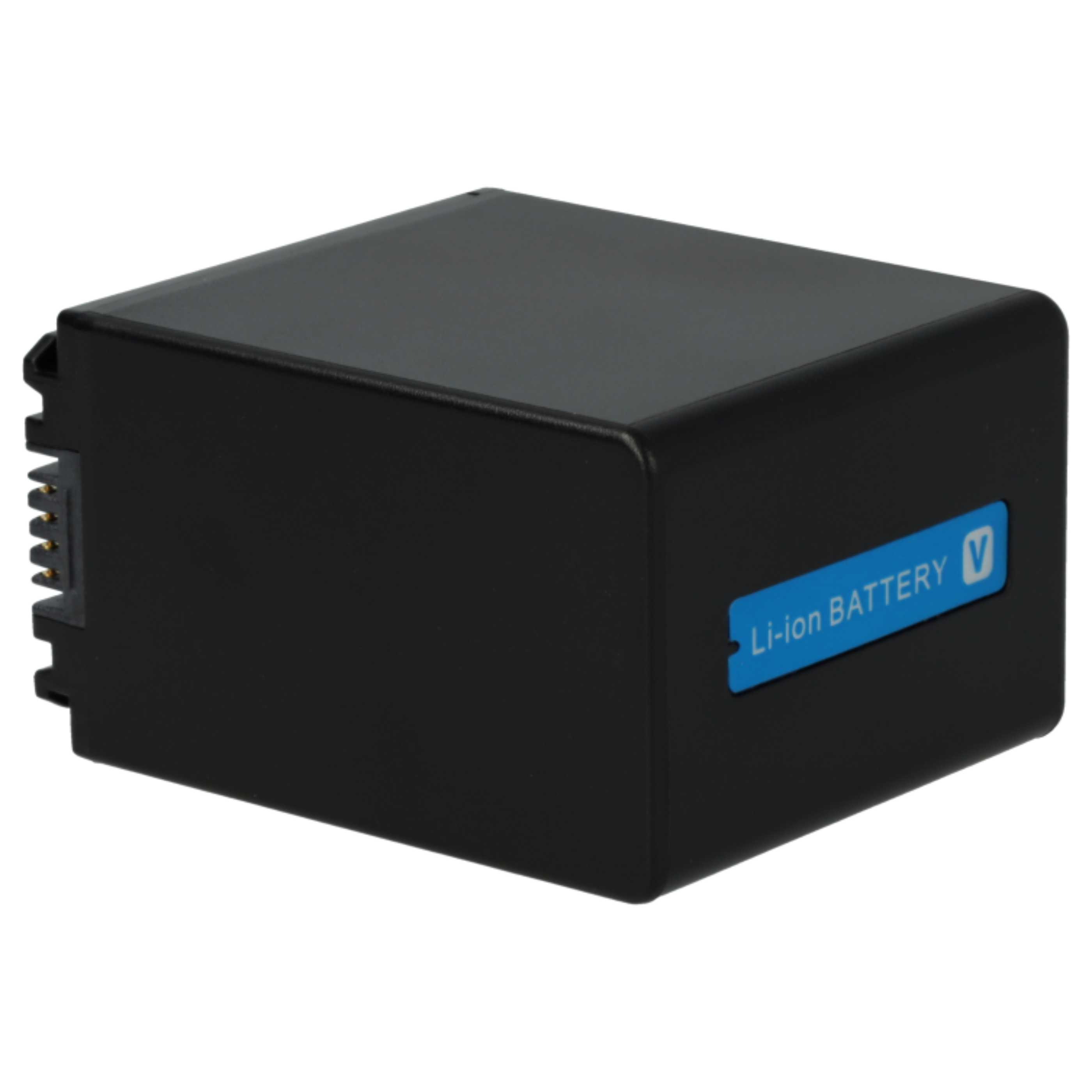 Schwarzer rechteckiger Akku mit blauem Etikett "Li-ion BATTERY V".