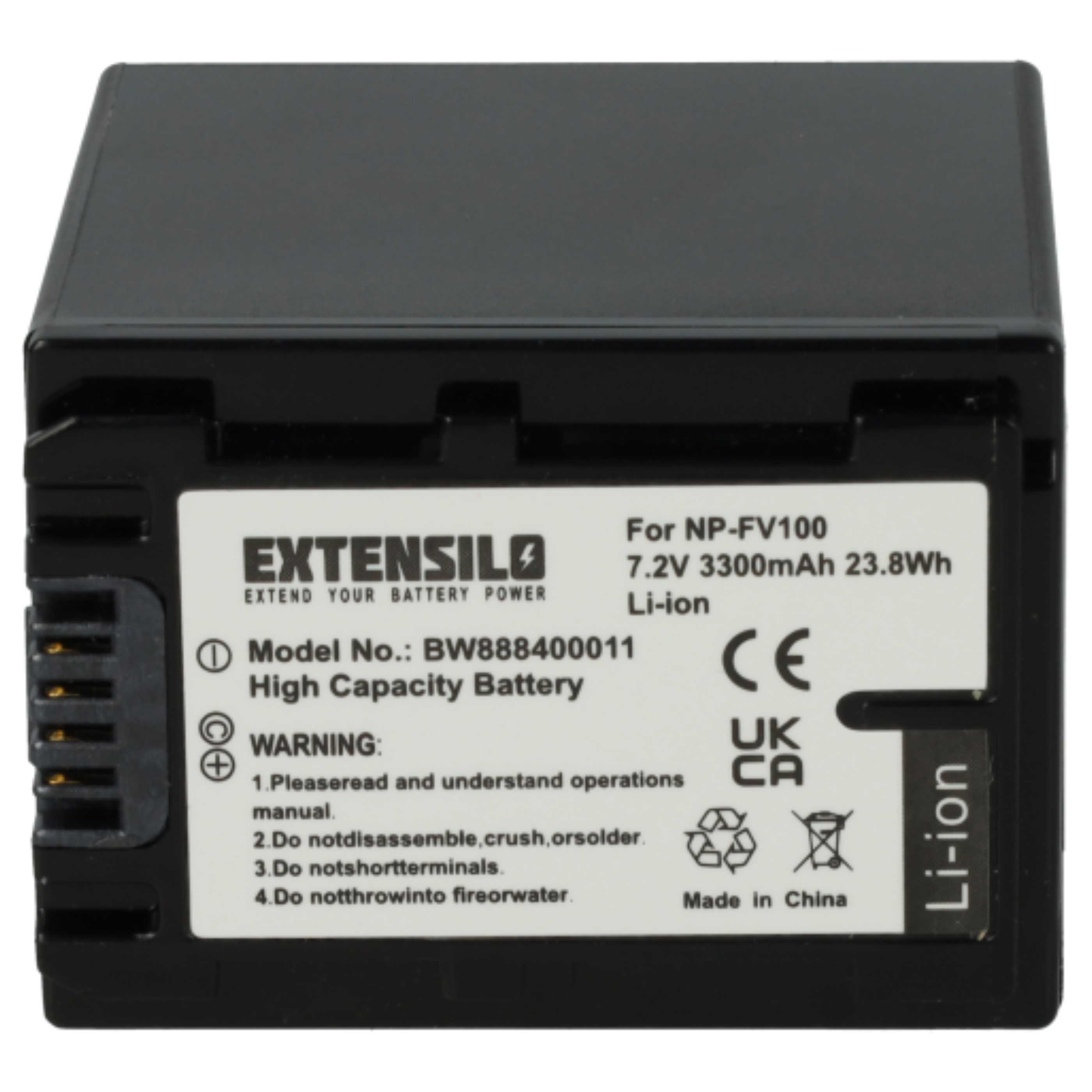 Schwarzer Akku. Text: EXTENSILO High Capacity Battery. Warnhinweise und Spezifikationen.