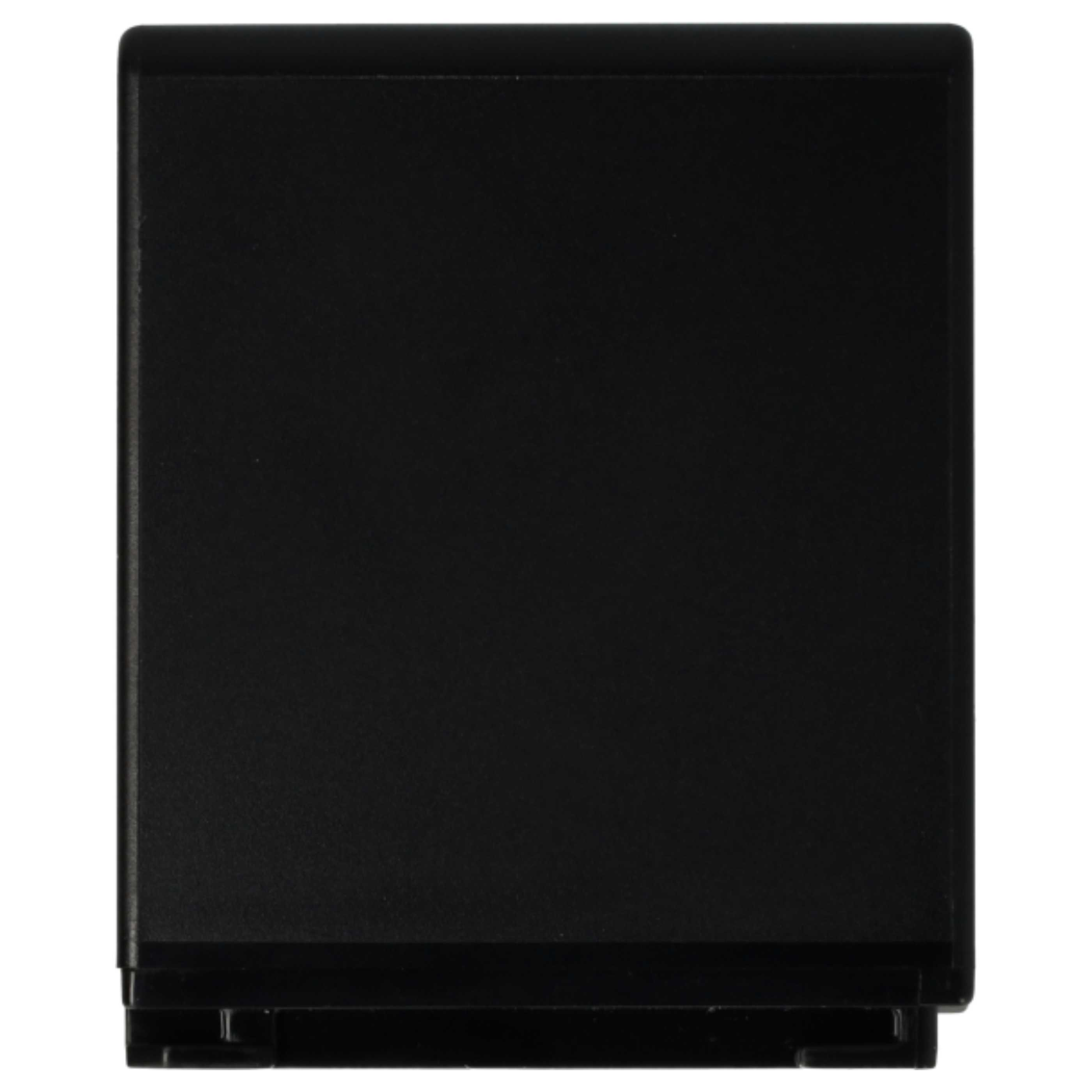 Eine schwarze Batterie. Es ist ein rechteckiger Block. Die Seiten sind glatt und schwarz.