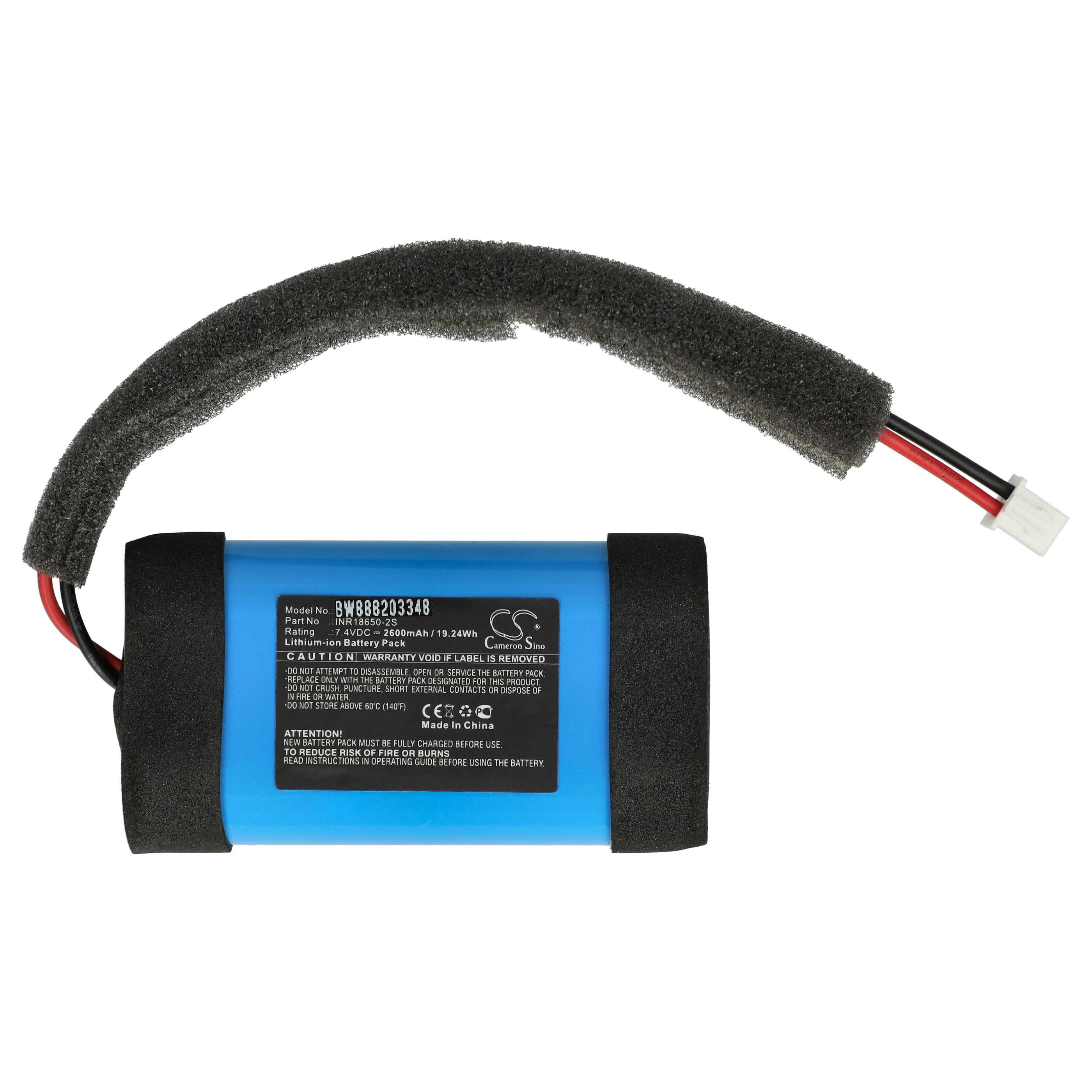 Ein blauer Akku mit schwarzer Polsterung und Drähten. Er hat ein Etikett mit Text und einen weißen Stecker.