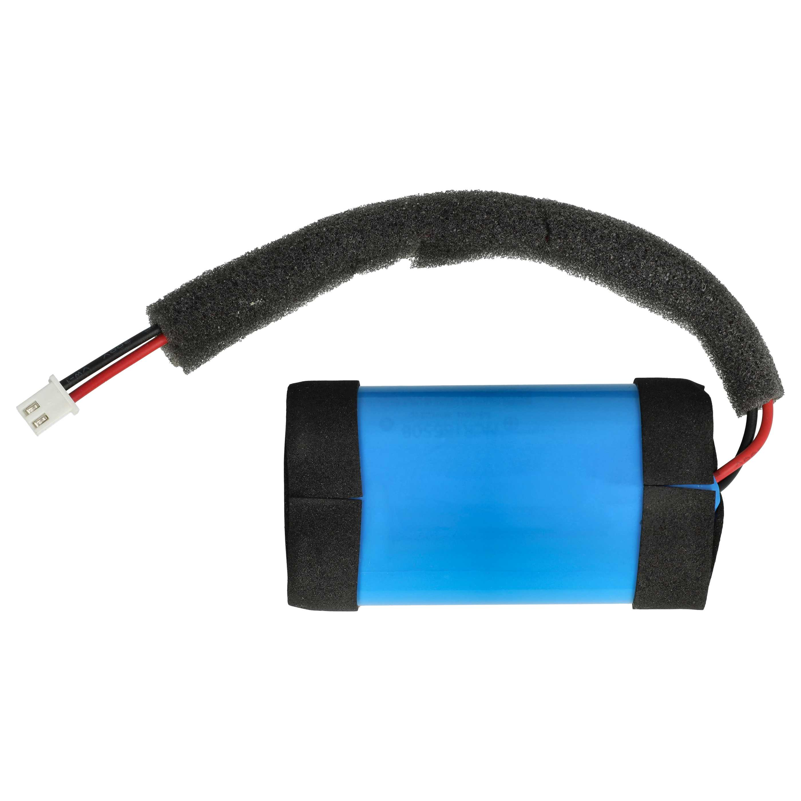 Blaue Batterie mit schwarzem Schaumstoff und schwarzen, roten und weißen Drähten. Die Batterie ist zylindrisch.
