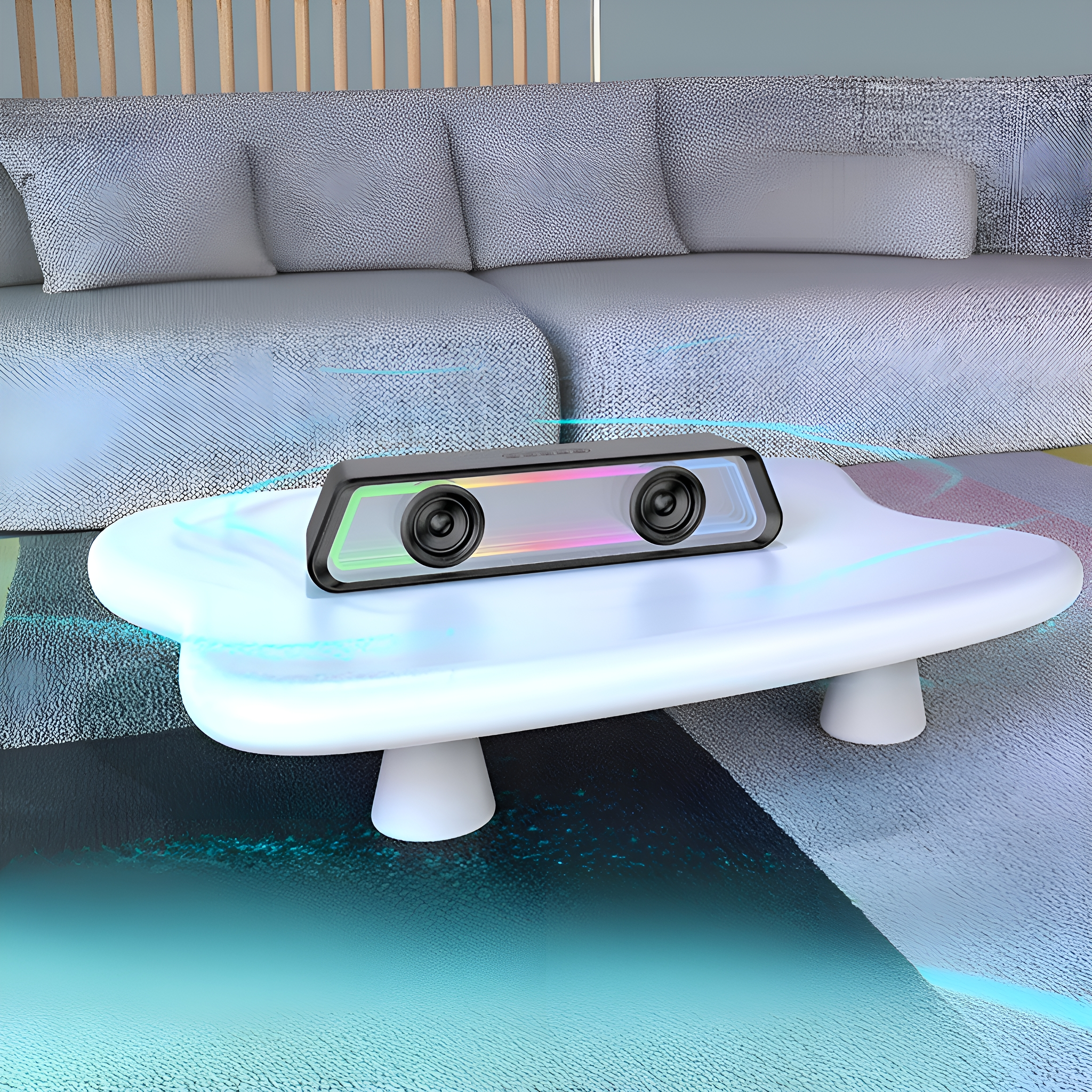 Ein schwarzer Lautsprecher auf einem weißen Tisch mit bunten Lichtern. Im Hintergrund ist ein Sofa.