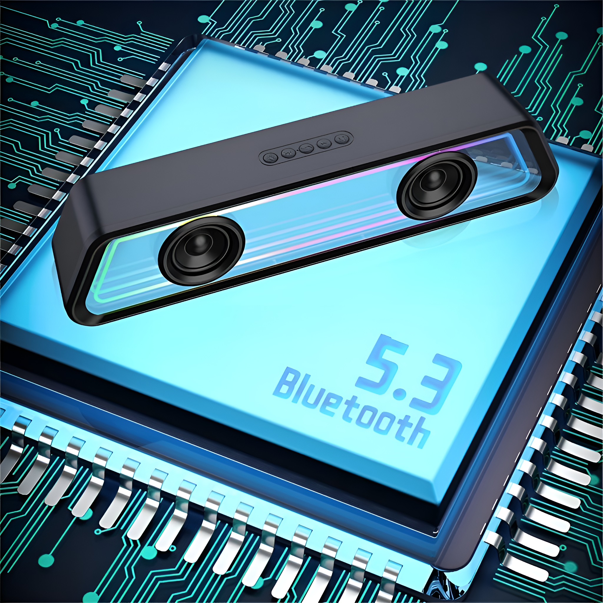Ein schwarzer und blauer Bluetooth-Lautsprecher auf einer blauen Leiterplatte. Der Text lautet 5.3 Bluetooth.