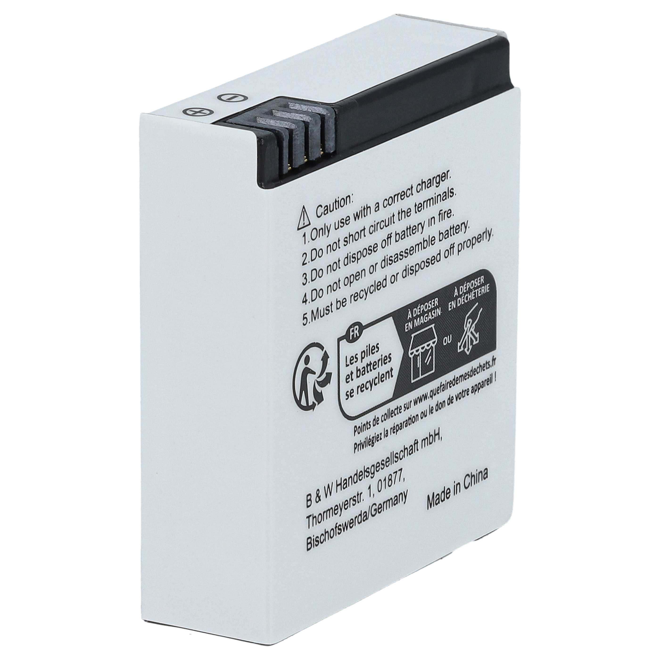 Weißes Akkupack mit schwarzem Deckel und Textbeschriftung. Warn- und Recyclingsymbole vorhanden.