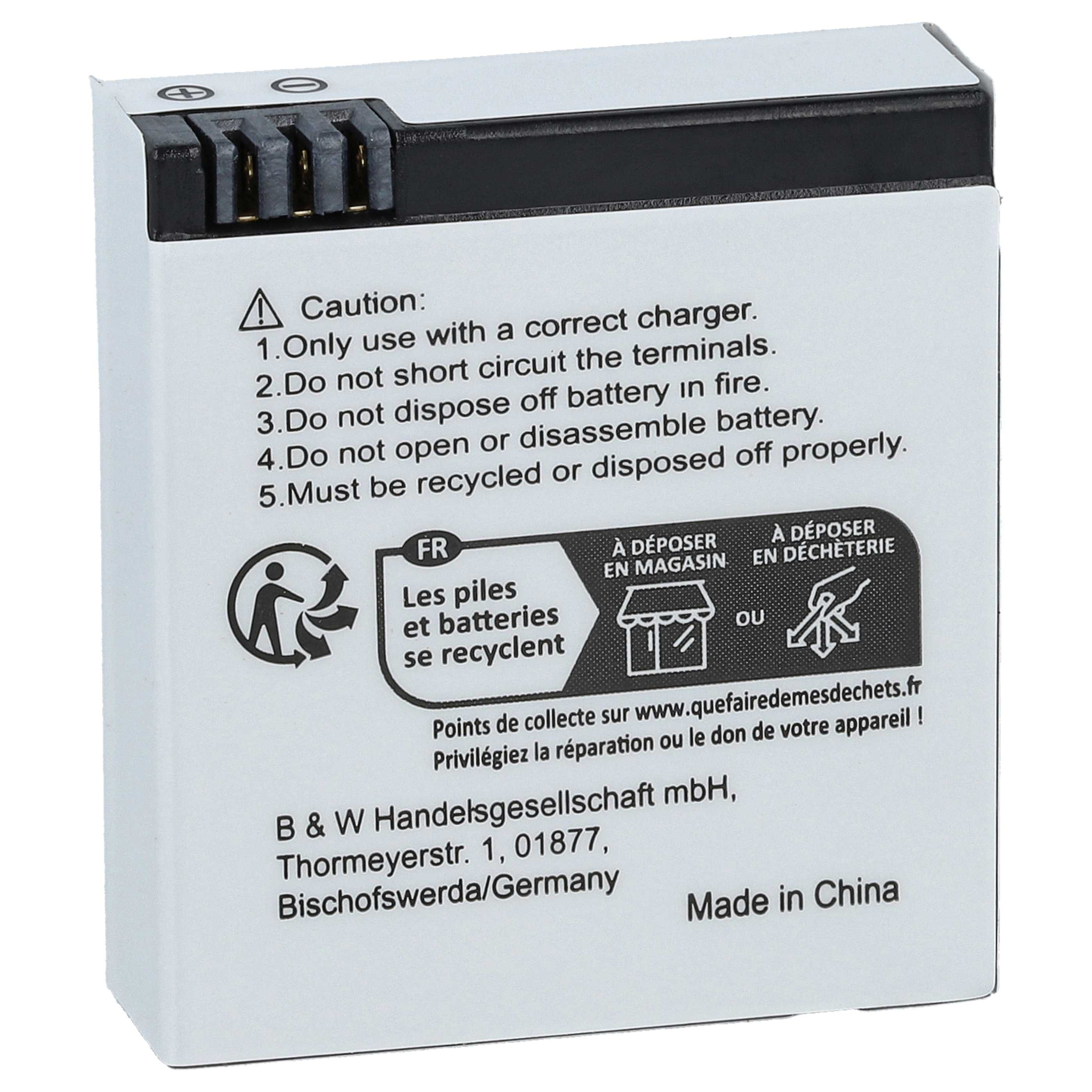 Weiße Batterie. Vorsichtstext, Recycling-Symbol. Hergestellt in China.