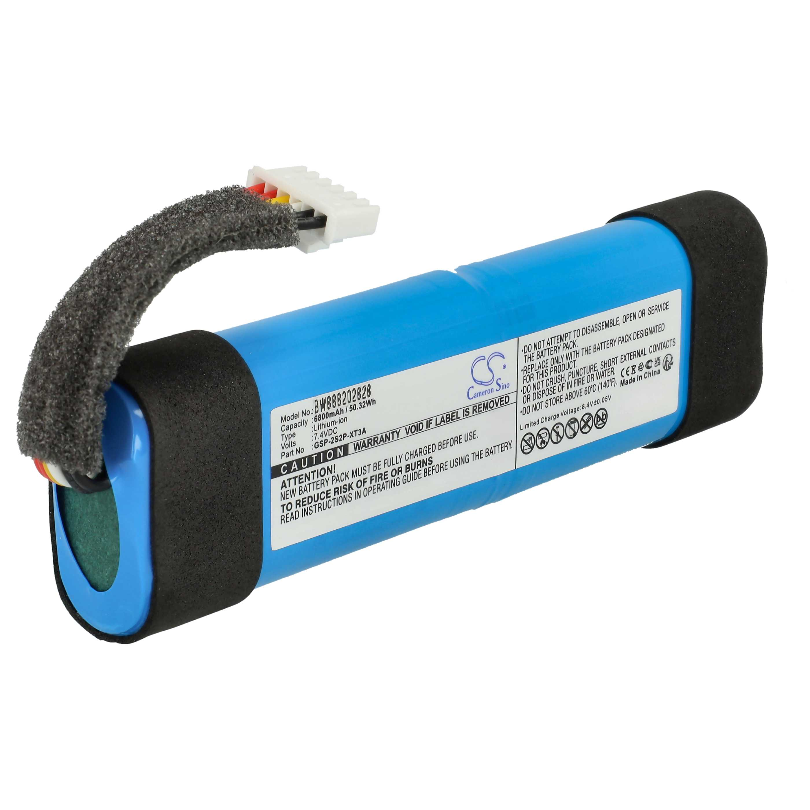 Blaues und schwarzes Akku-Pack, mit Etiketten und einem grauen Kabel. Weißer Stecker.
