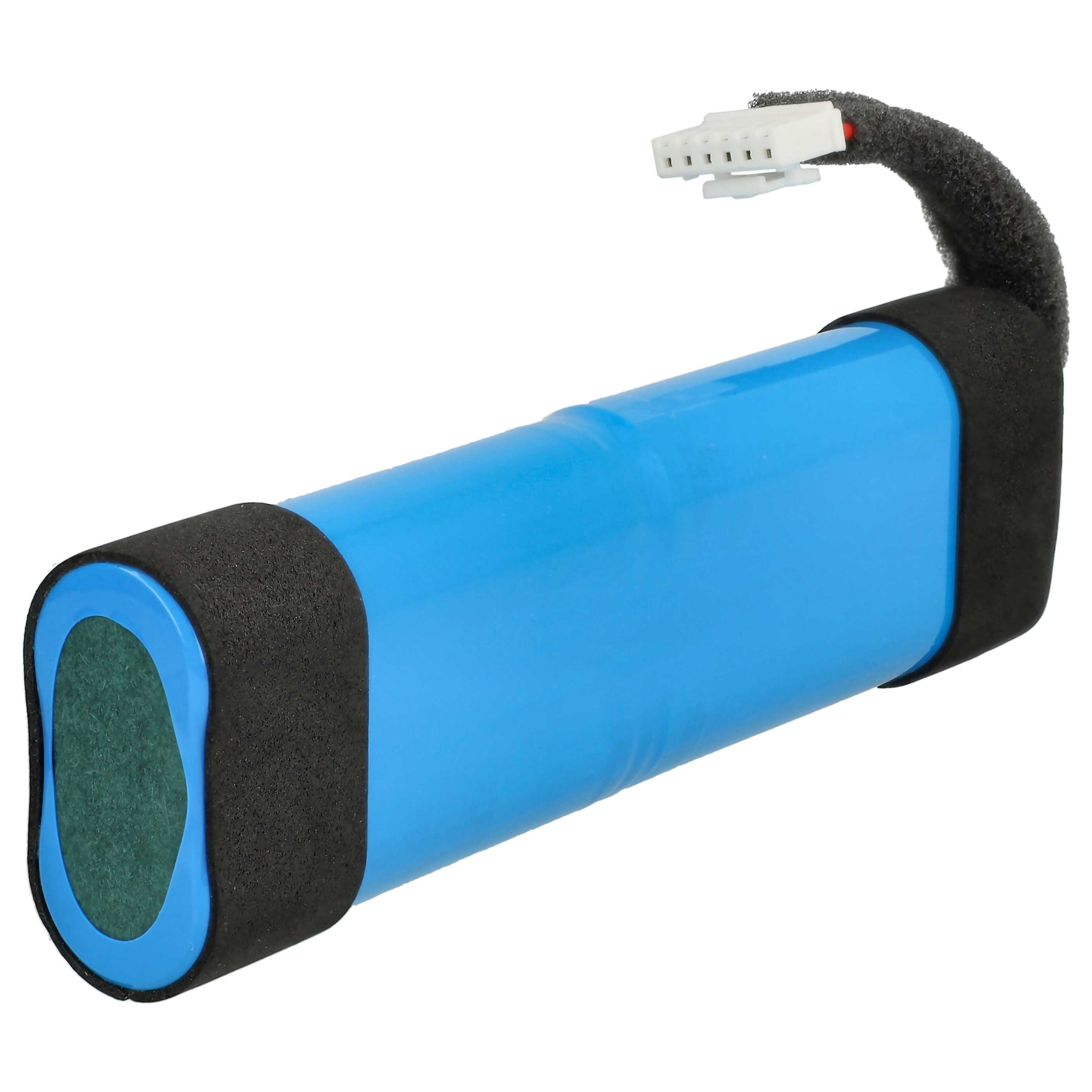 Blaue und schwarze Batterie mit weißem Stecker.