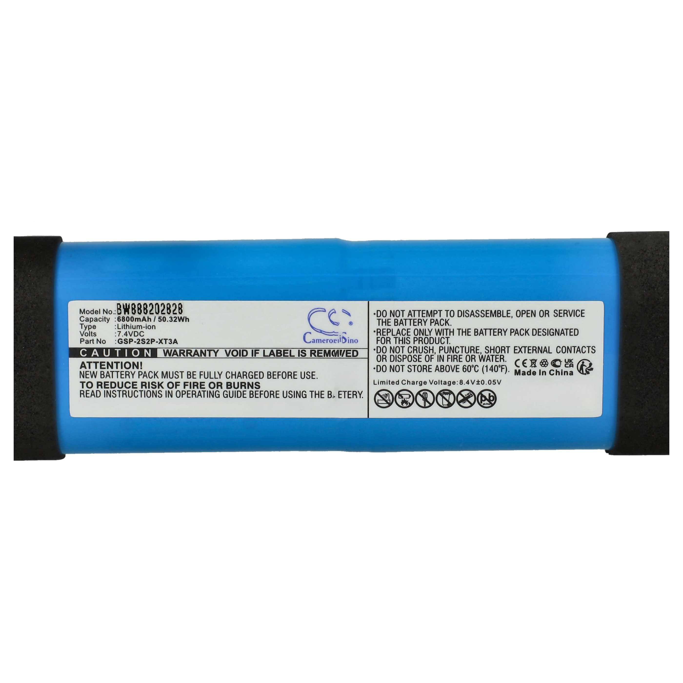 Blaue rechteckige Batterie mit schwarzen Enden. Text: Warnung, Vorsicht, Modellnummer, Kapazität und mehr.
