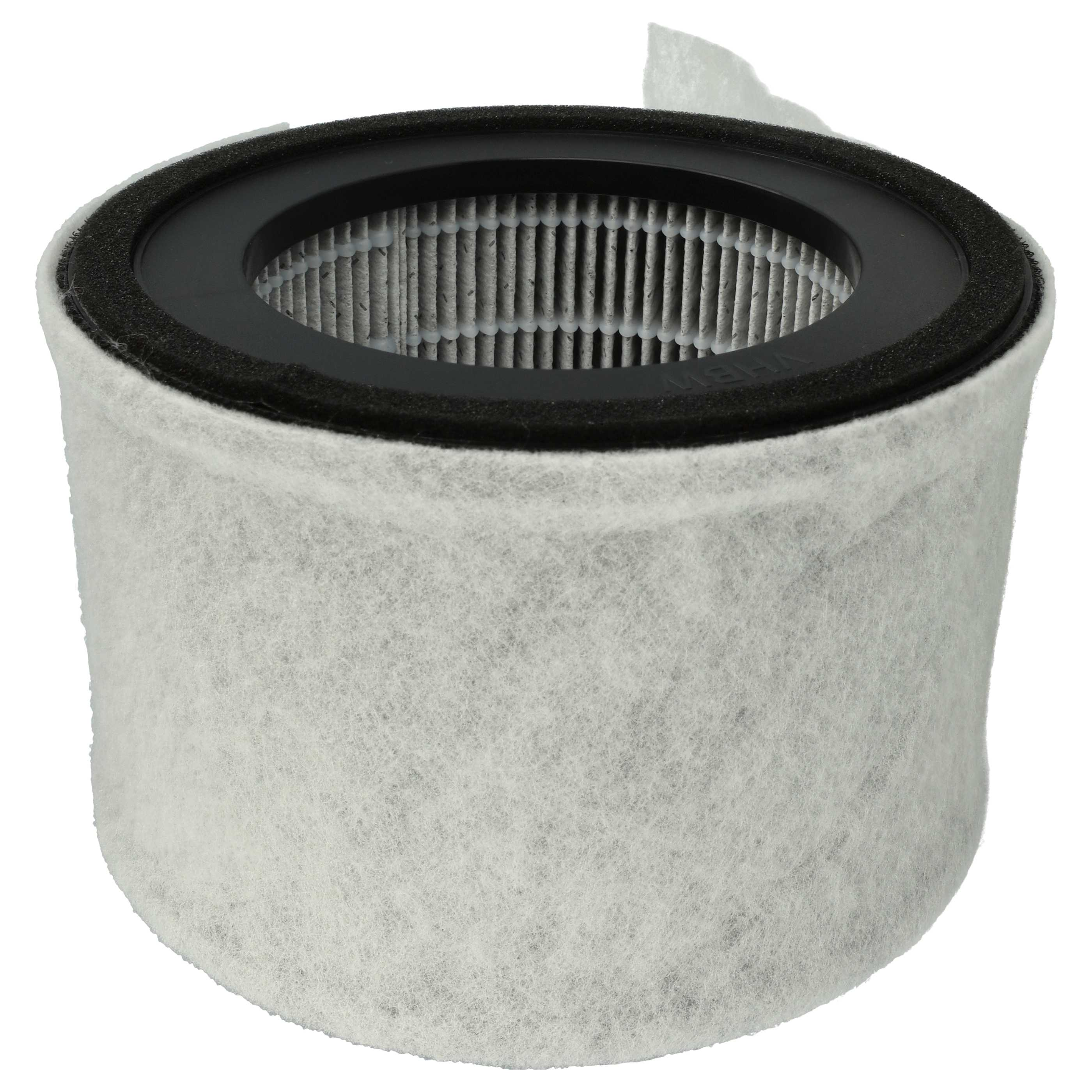 Weißer zylindrischer Luftfilter mit schwarzen oberen und unteren Ringen.