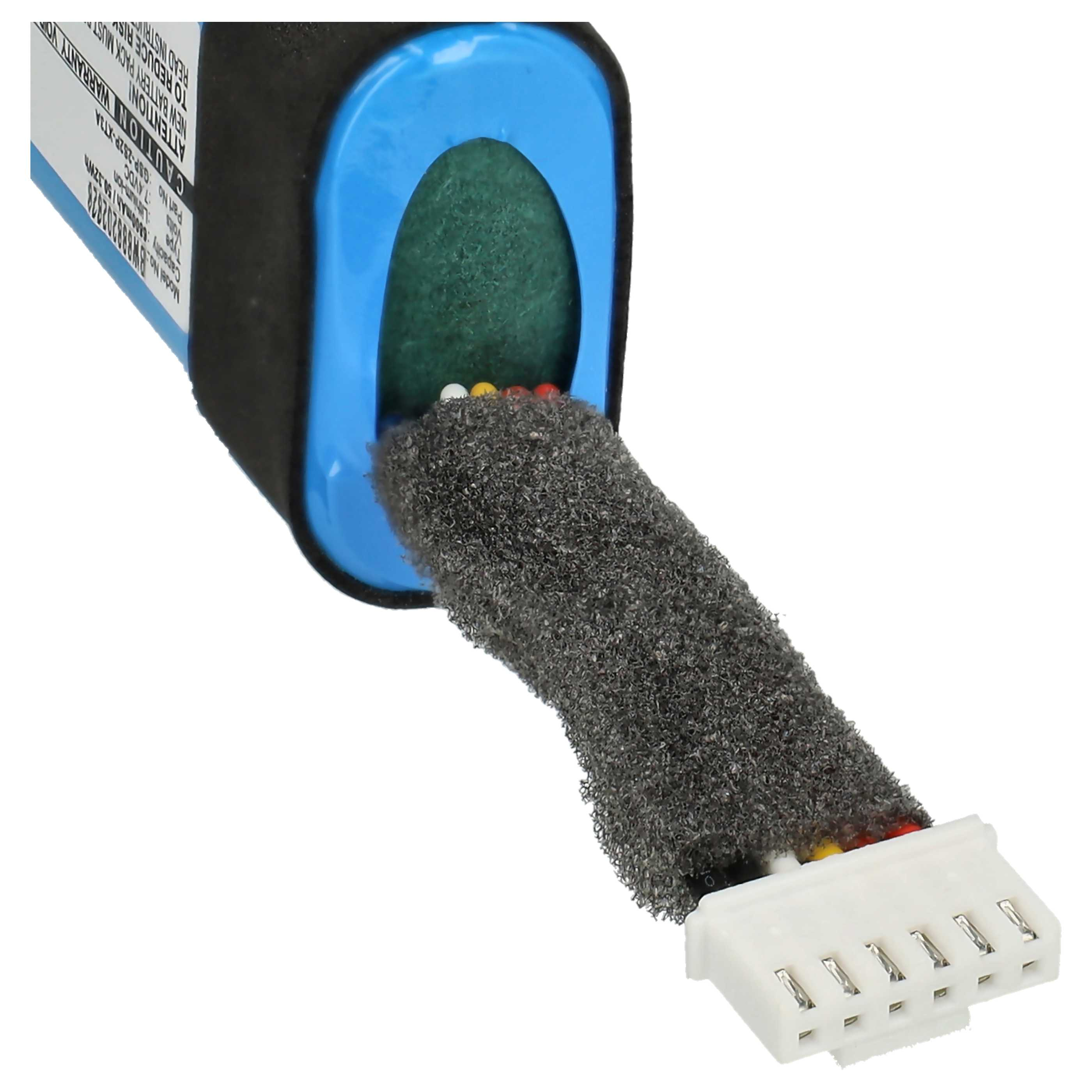 Batterie mit blauem Klebeband, Schaumstoff und Stecker mit bunten Drähten.