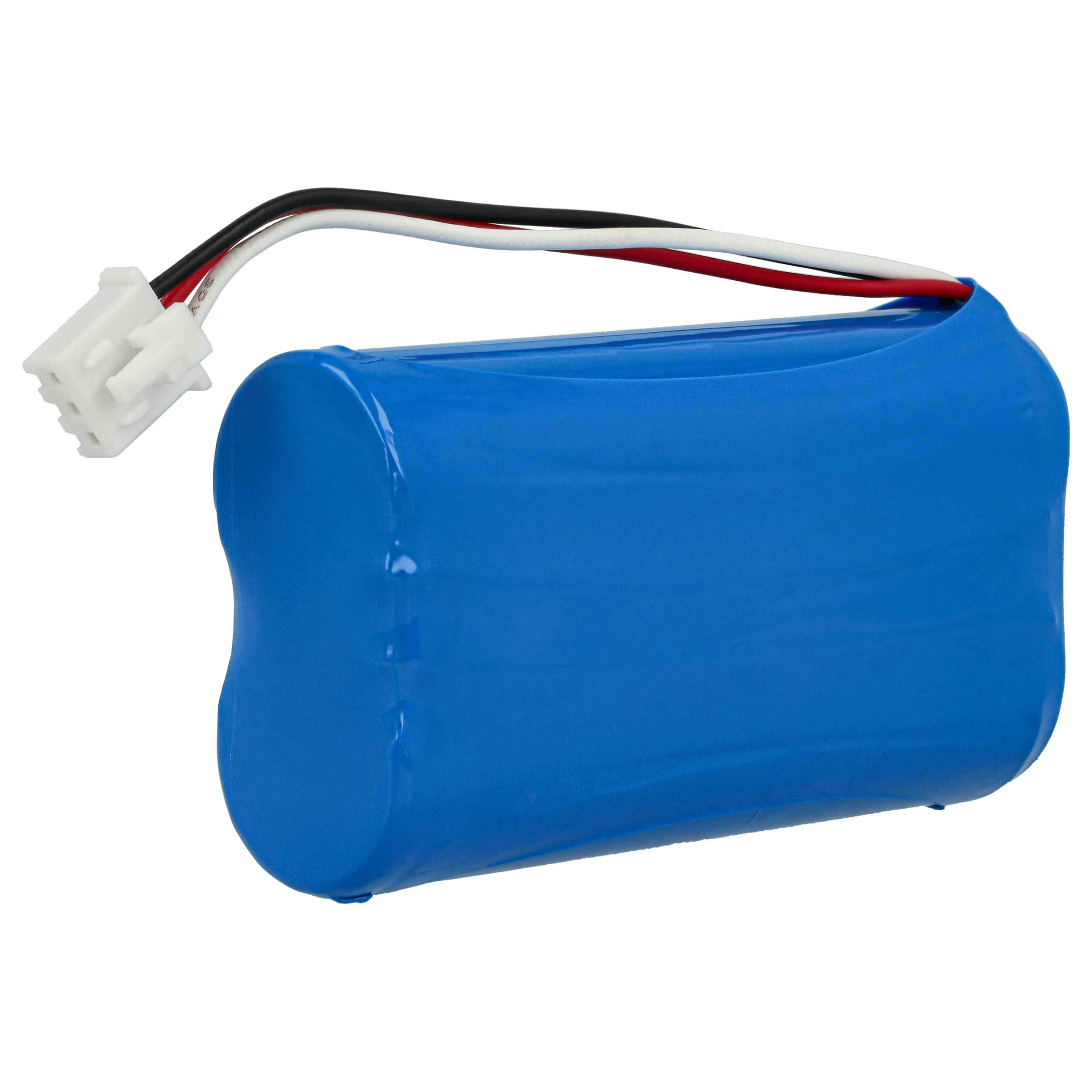 Blaue Batterie mit weißem Stecker und Drähten.