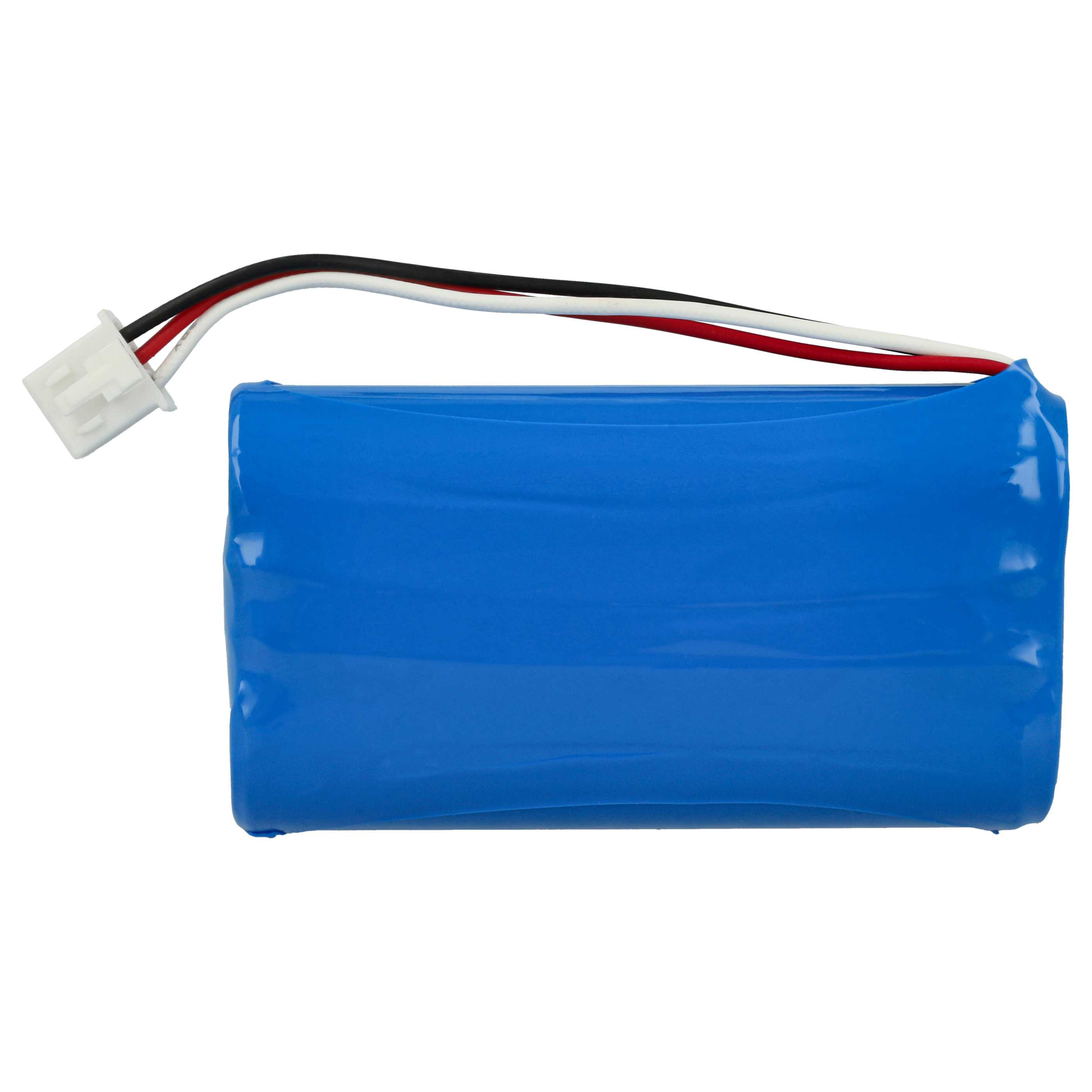 Ein blaues Akkupack mit drei Drähten und einem weißen Stecker. Die Drähte sind schwarz, rot und weiß.
