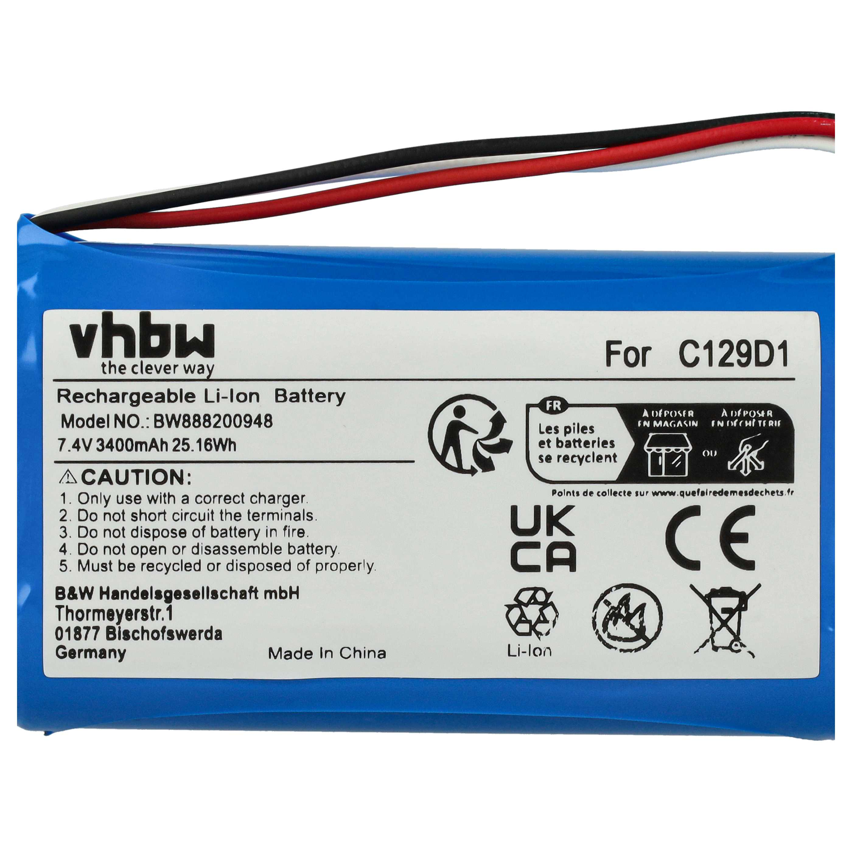 Blaue wiederaufladbare Li-Ion-Batterie mit Warnhinweisen und Textdetails.